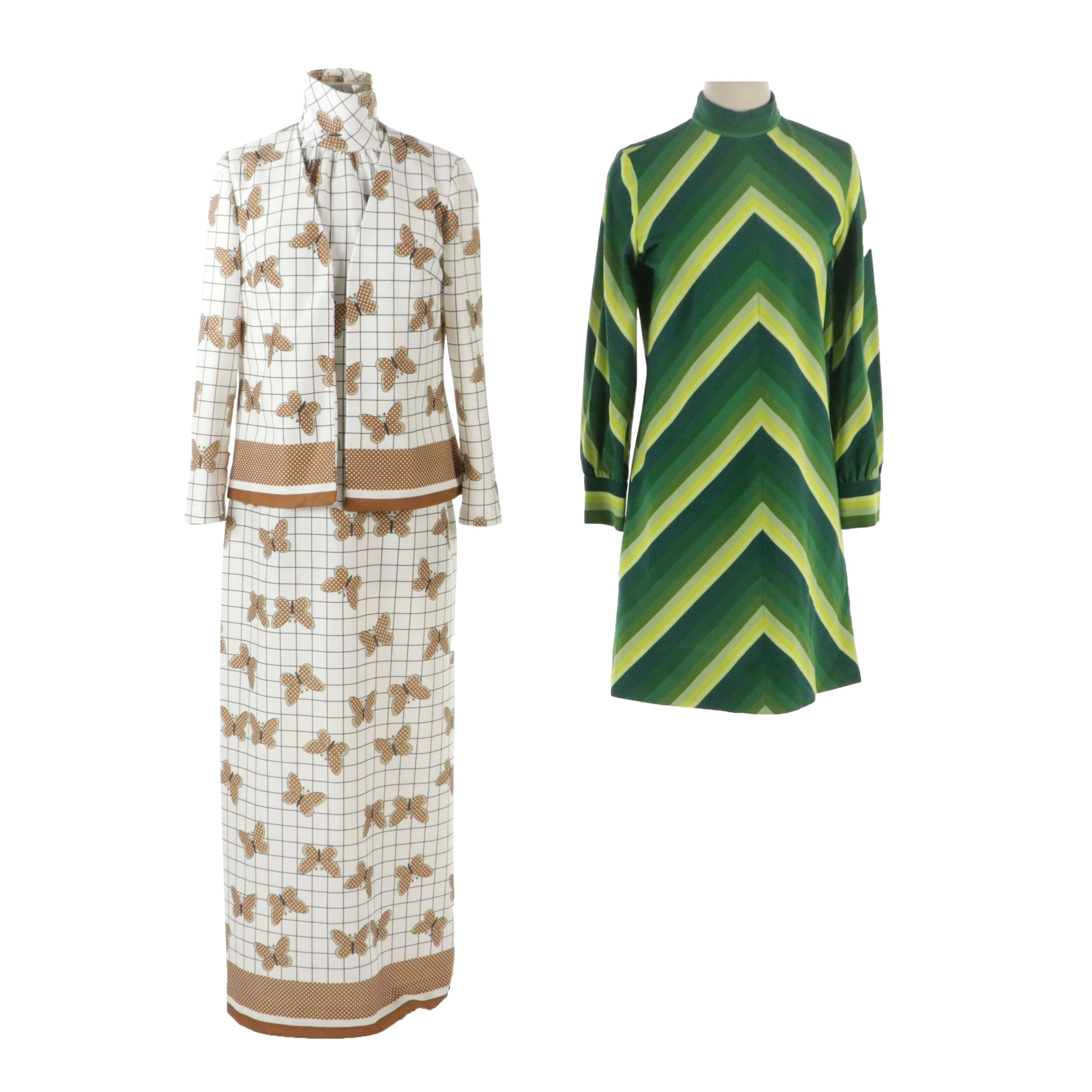 Mary Dobbs Original Butterfly/Grid Print Dress Set & Green Mini Dress, Vintage