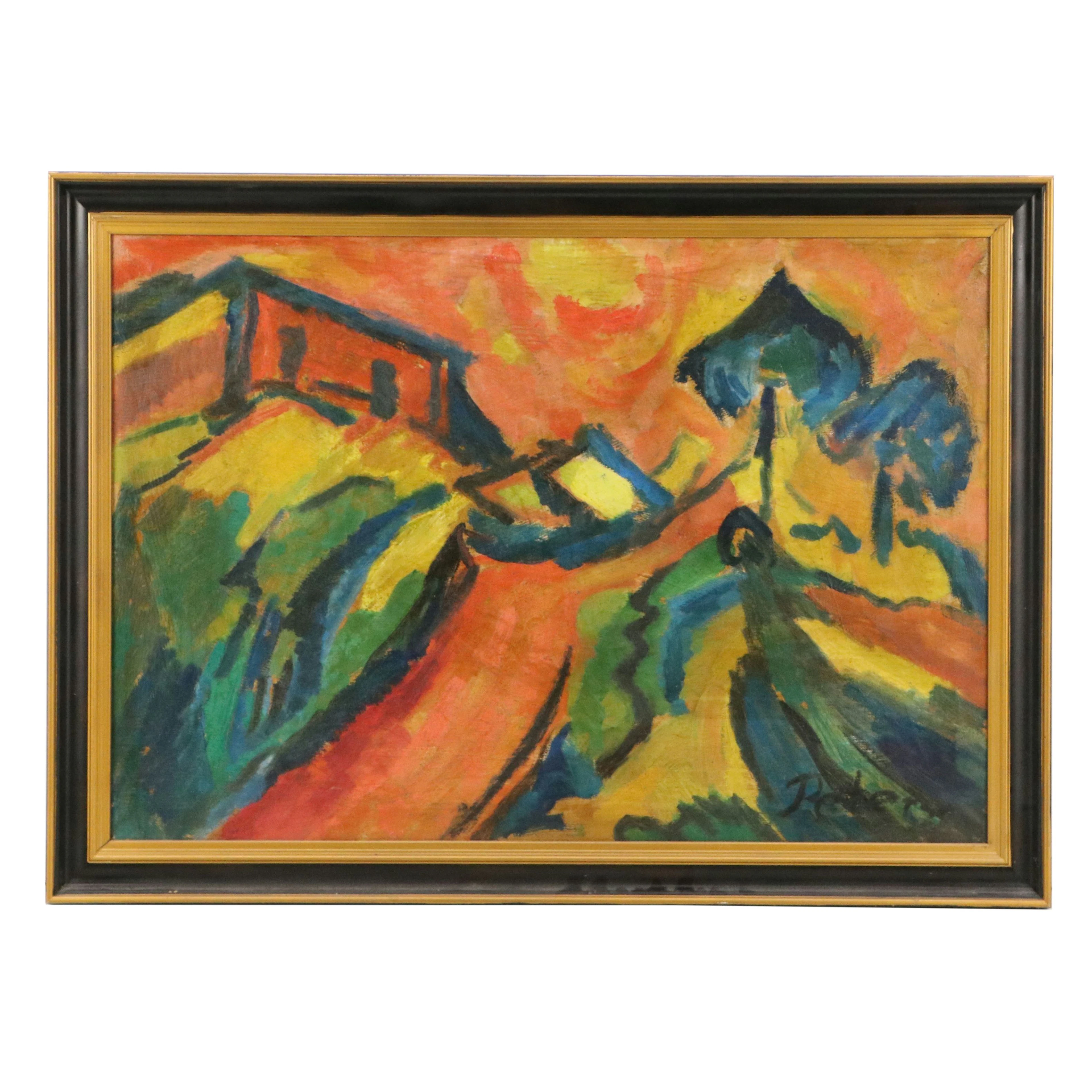 Peters German Expressionist Landscape Oil Painting, 20th Century