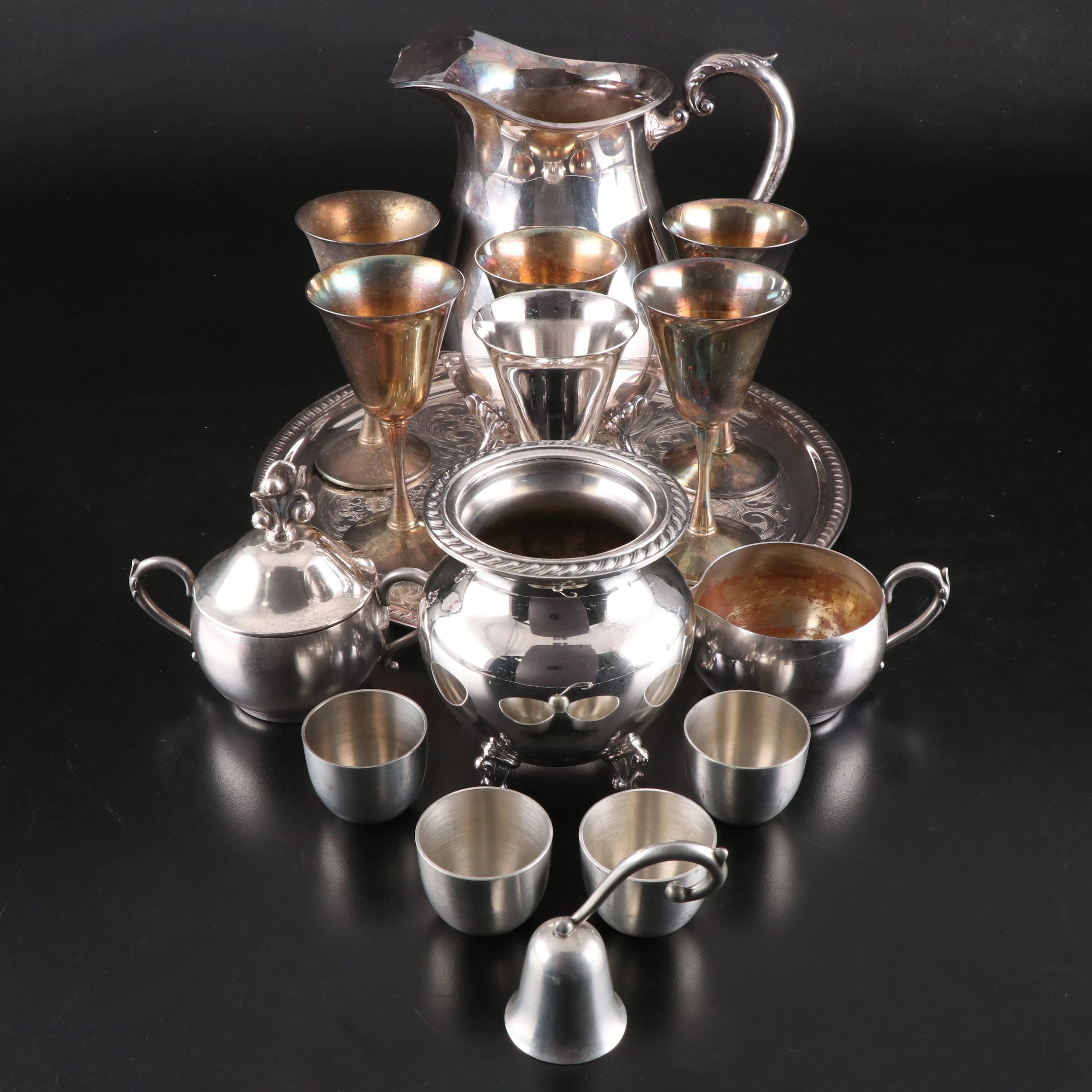 Stieff Pewter Jefferson Cups with Other Silver Plate Serveware and Accessories