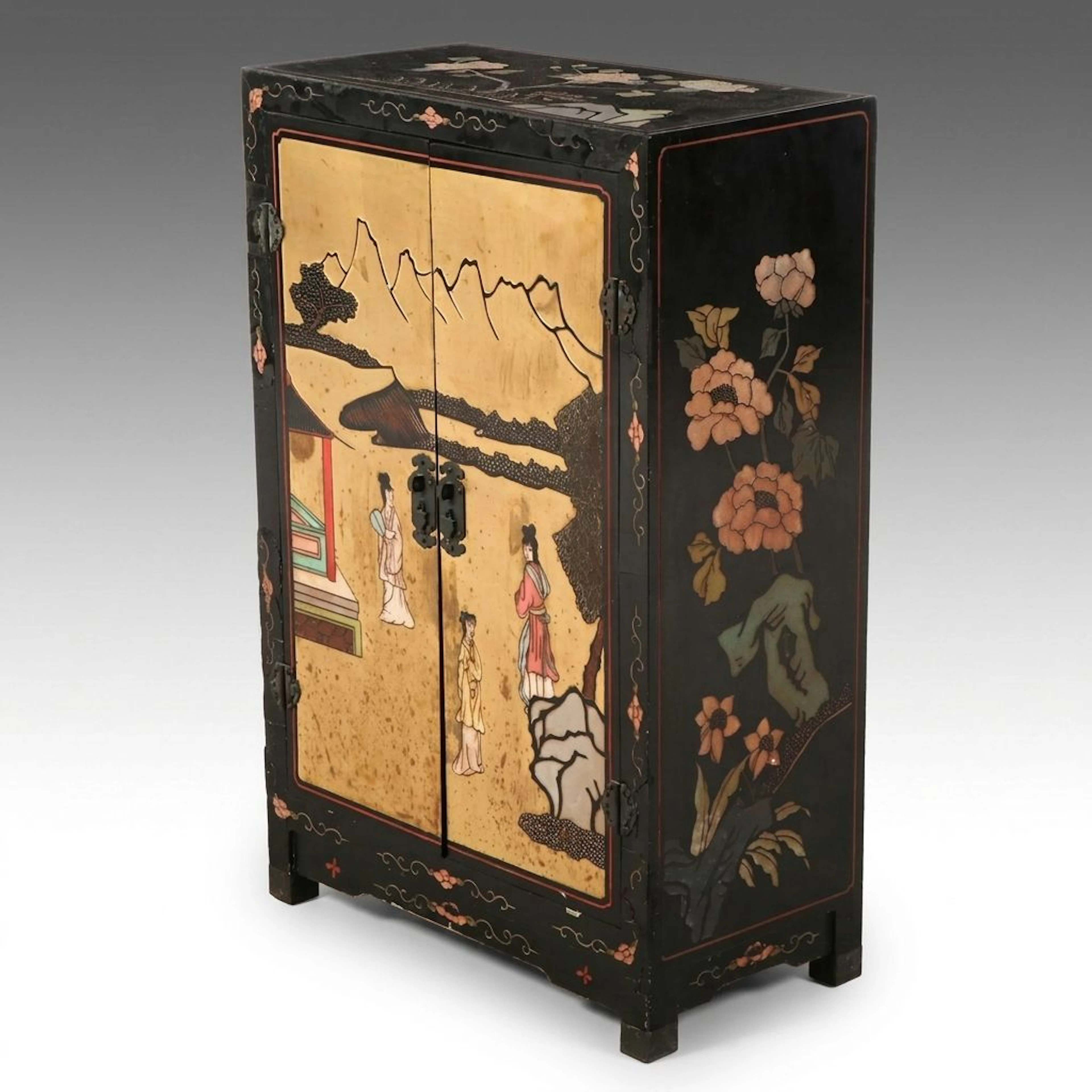 Chinese Carved and Lacquered Wood Cabinet with Stone Inlay