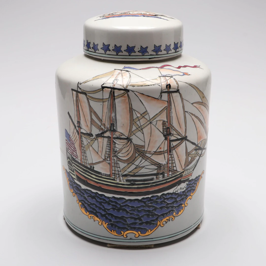 Mid-Century Hand-Painted American Clipper Ships Porcelain Lidded Jar
