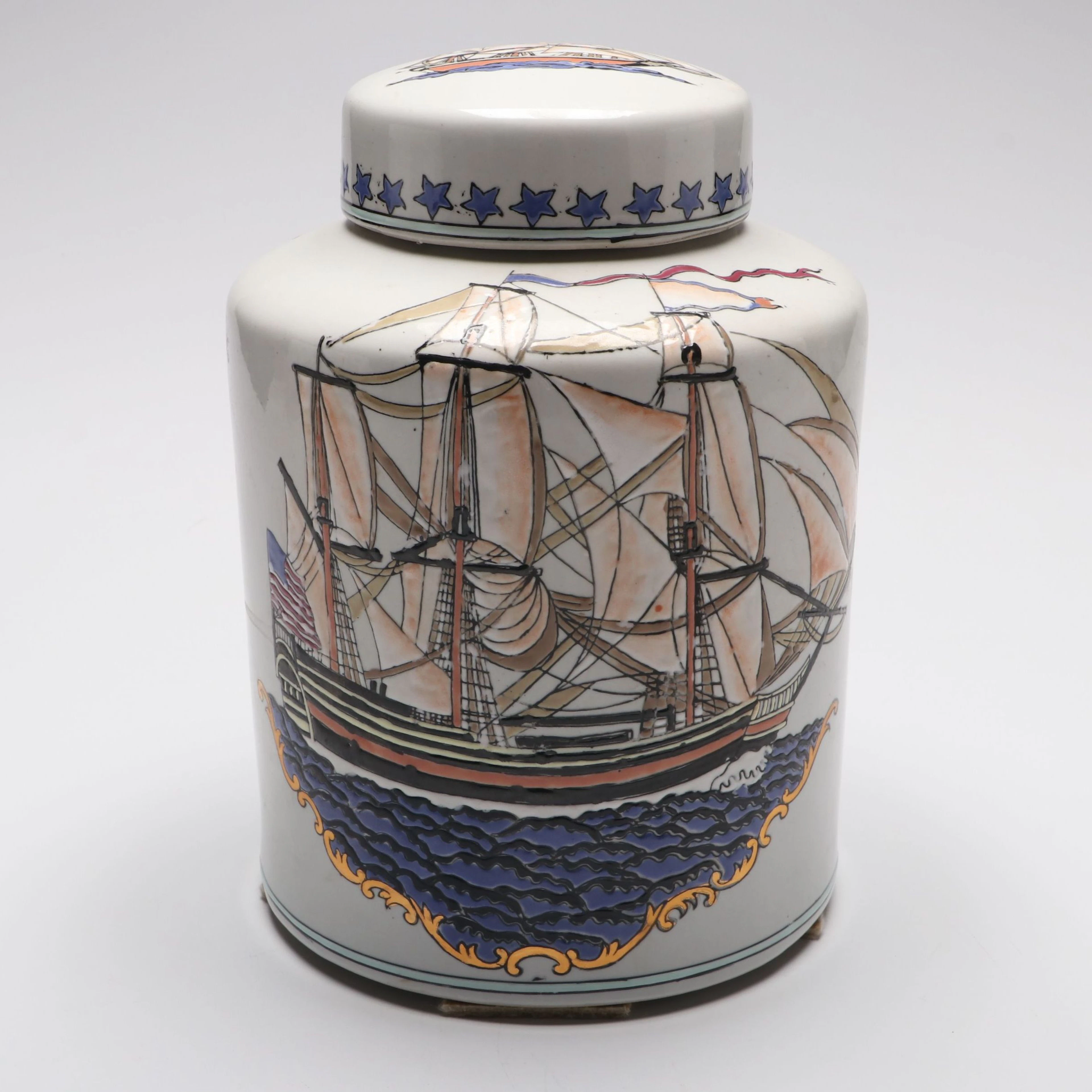 Mid-Century Hand-Painted American Clipper Ships Porcelain Lidded Jar