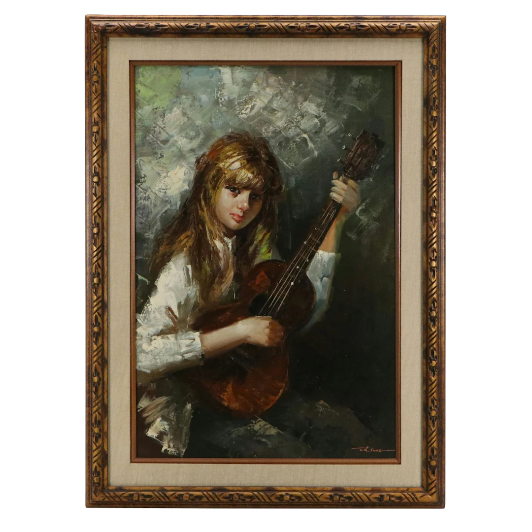 C. L. Fong Oil Painting of Girl with Guitar, Mid to Late 20th Century