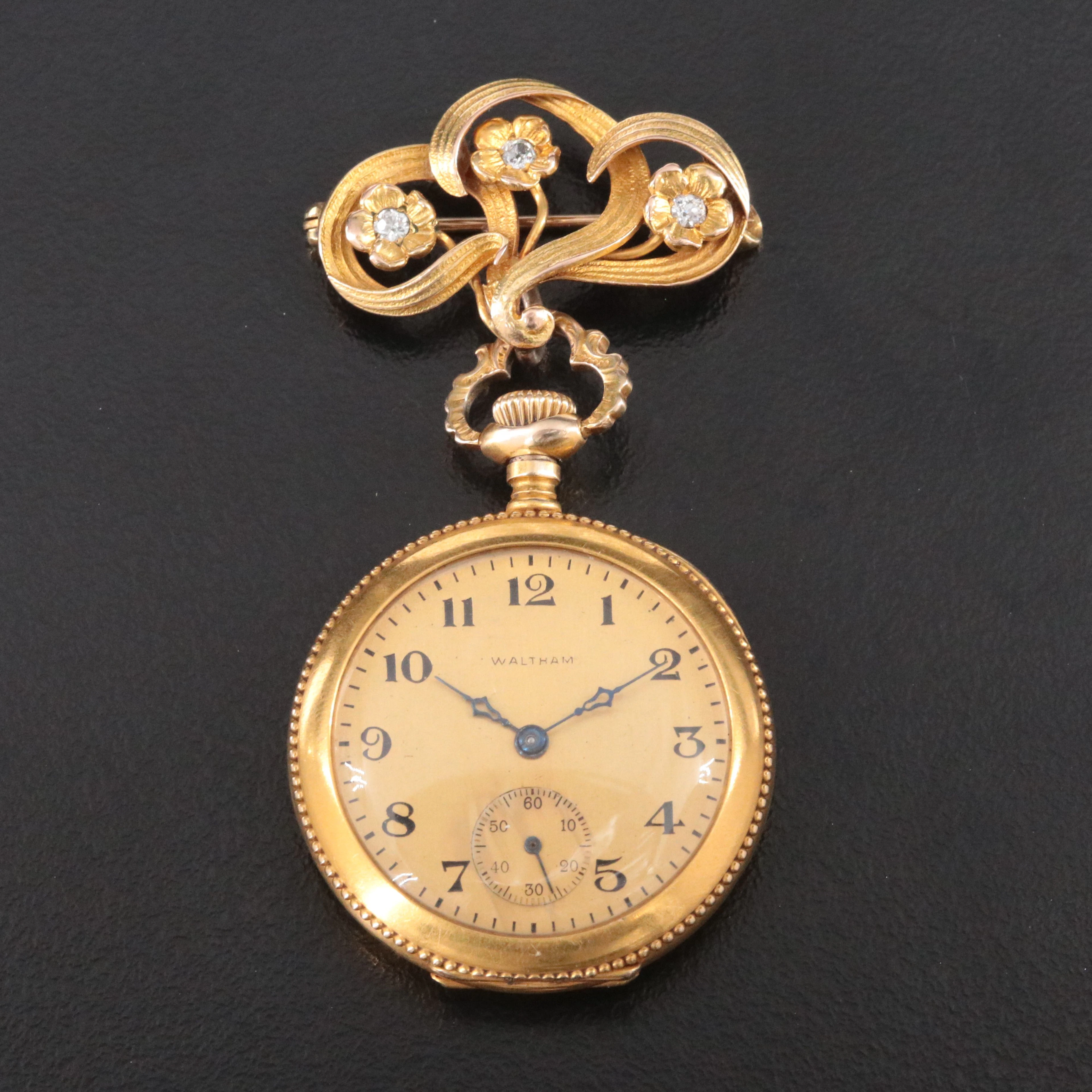 Waltham 14K Diamond Manual Wind Antique Brooch Watch