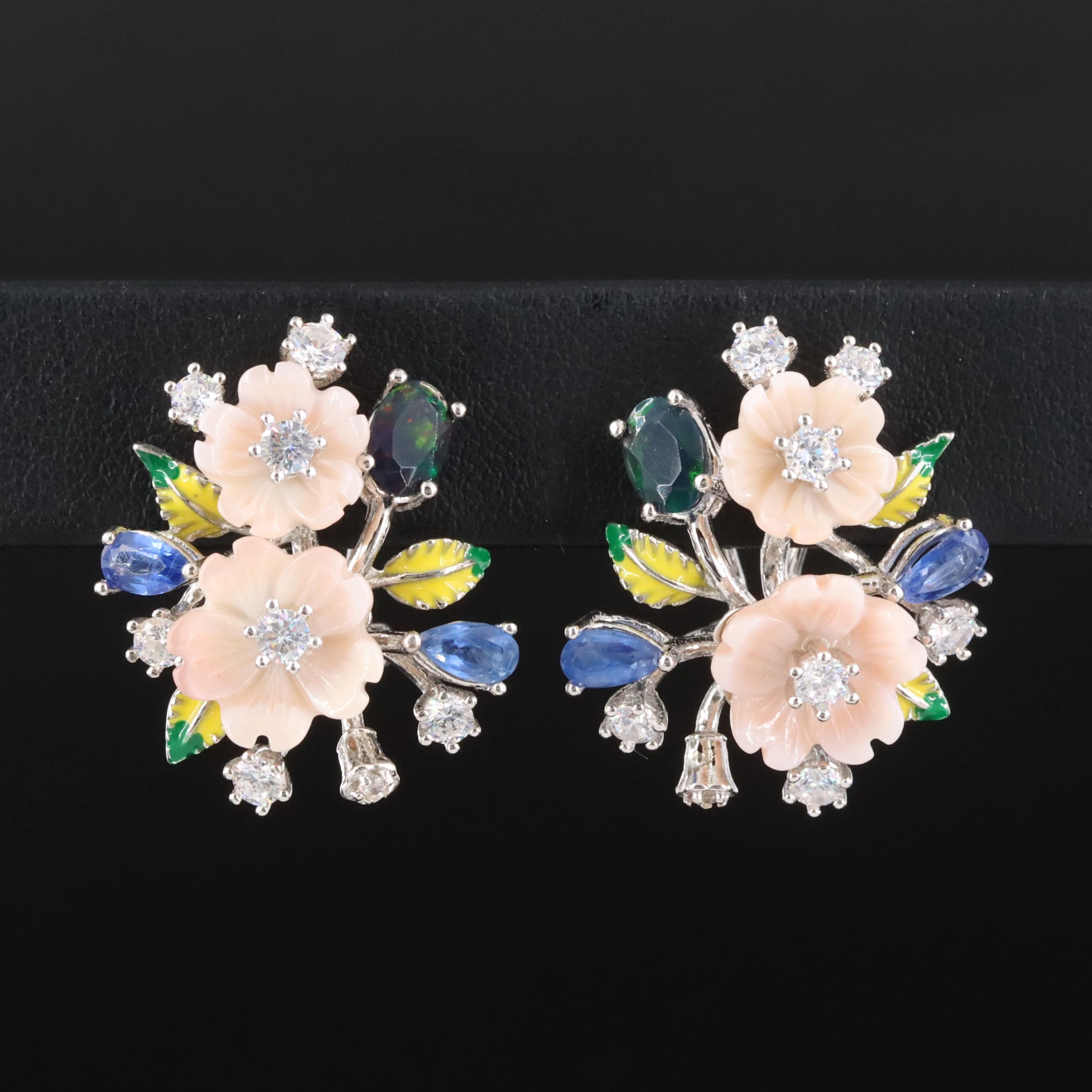 Sterling Floral Earrings Featuring Kyanite, Opal and CZ