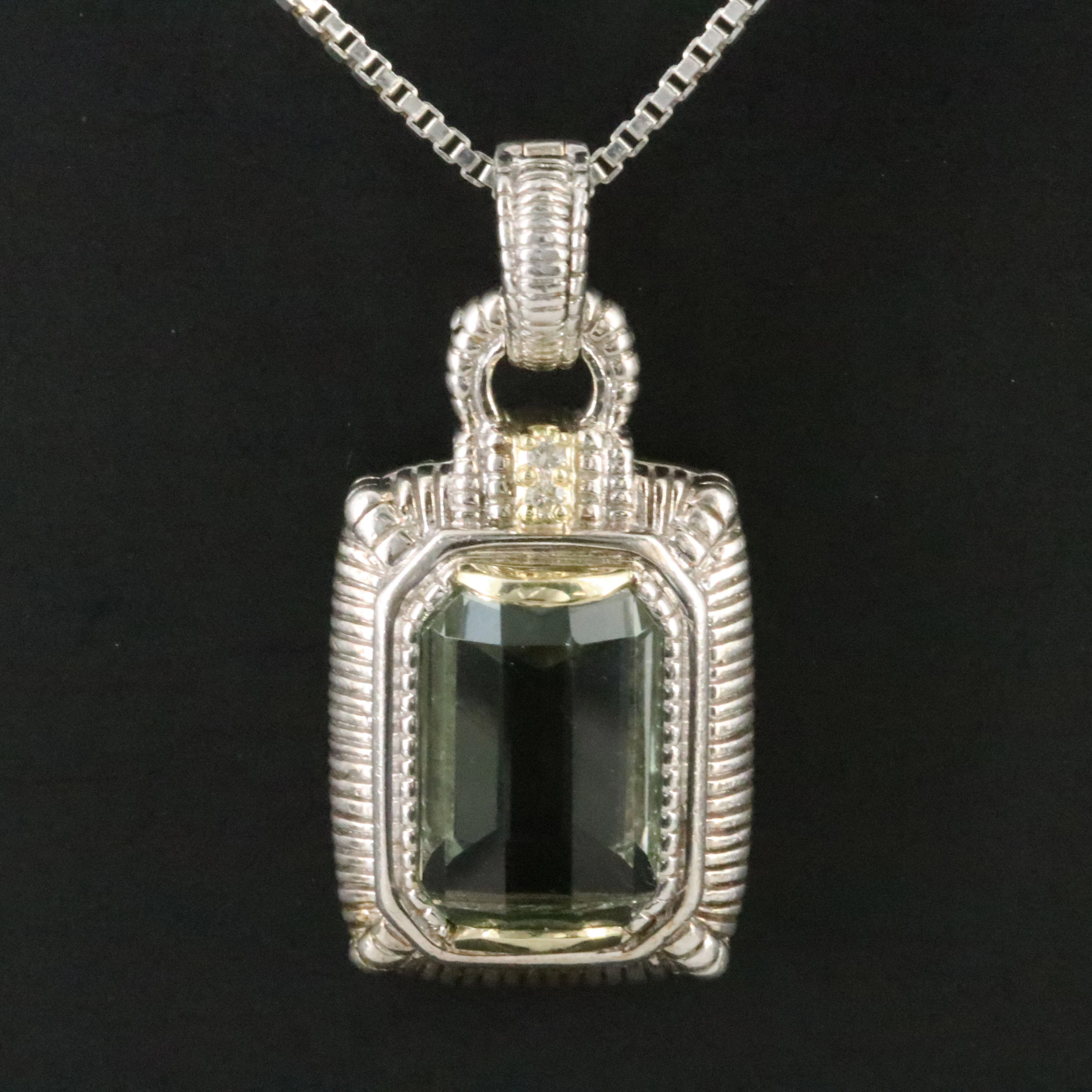 Judith Ripka Sterling Prasiolite and Diamond Pendant Necklace with 18K Accents