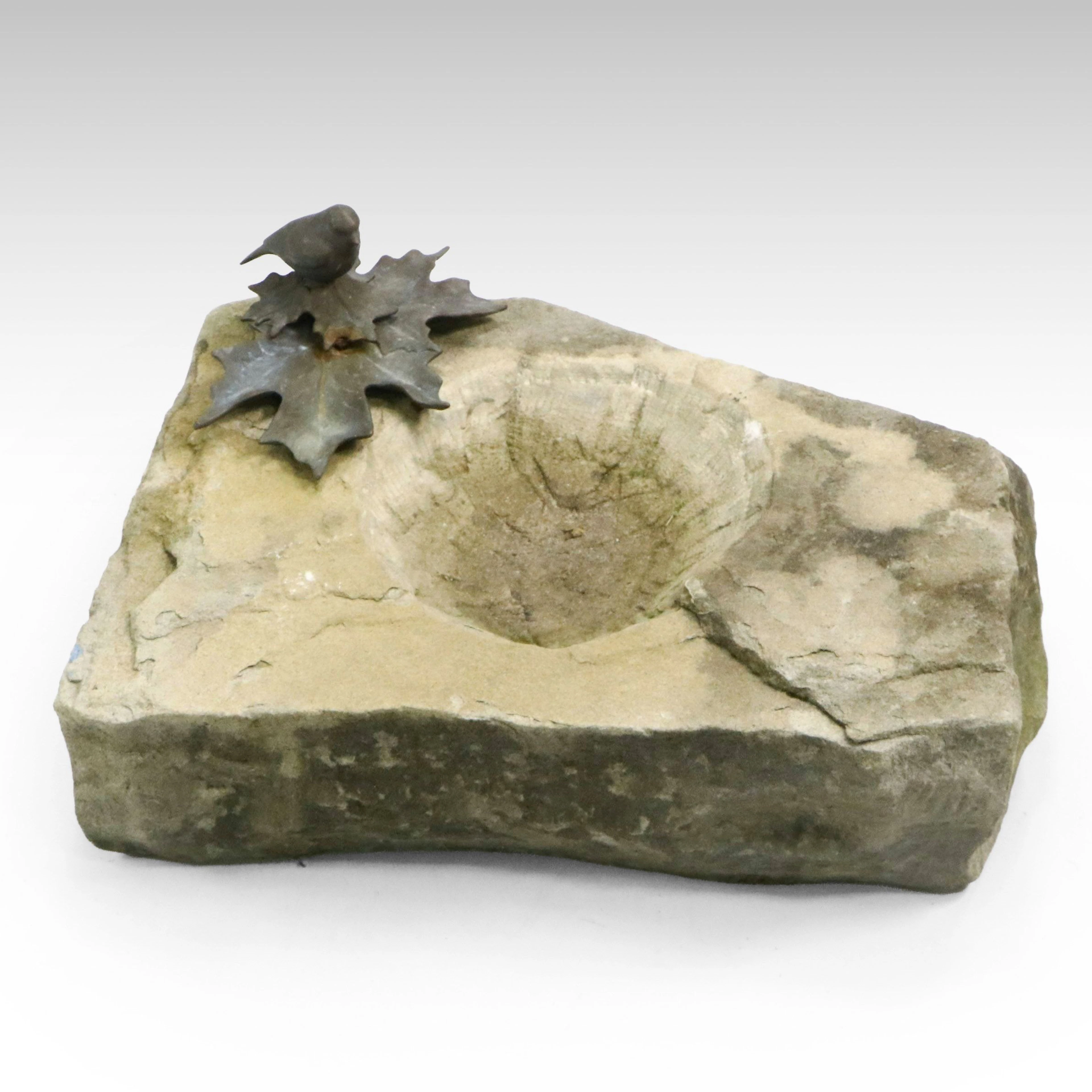 Rustic Stone Bird Bath Accented with Metal Bird on Maple Leaf Figure