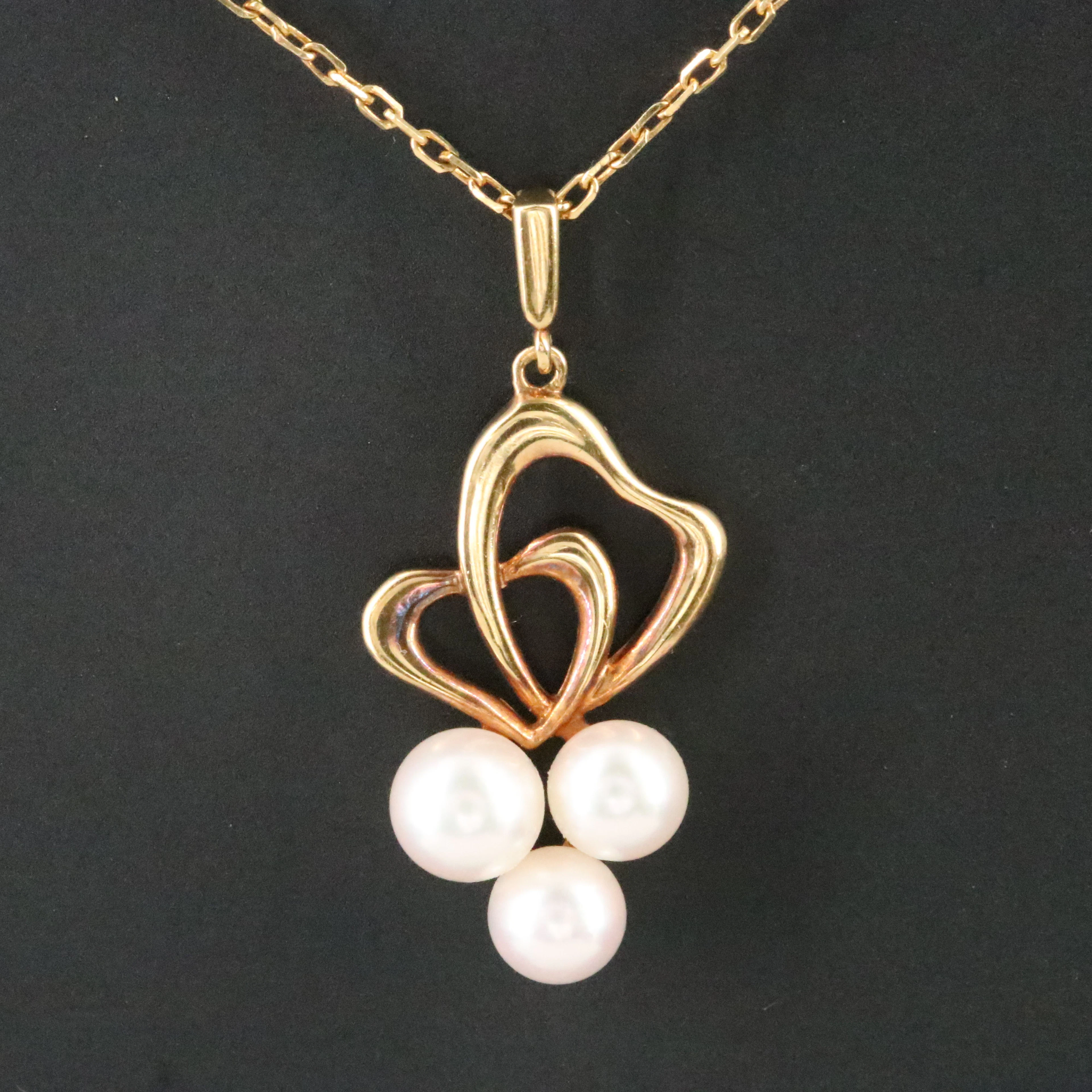Mikimoto 18K Triple Pearl Double Heart Pendant Necklace