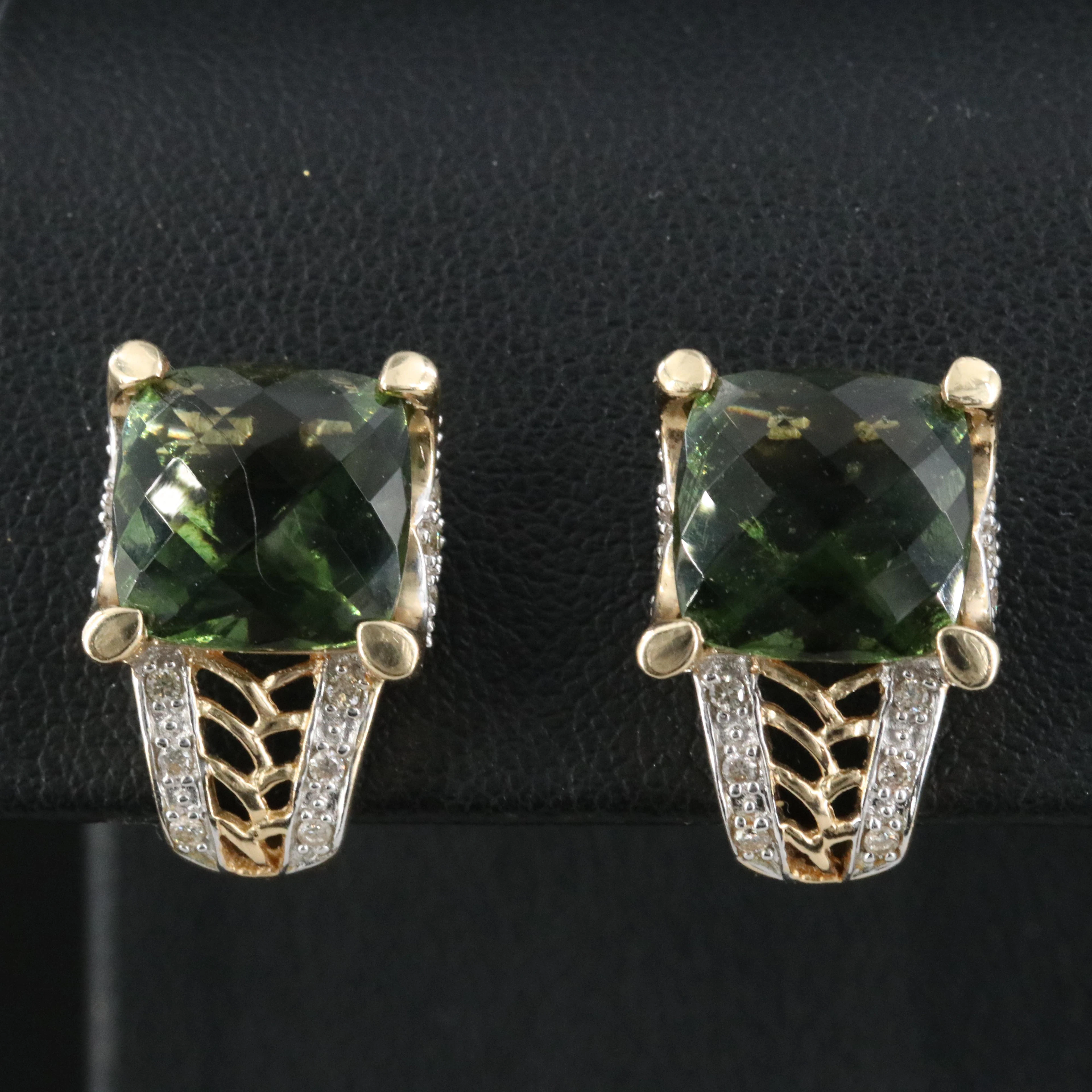 14K Moldavite and Diamond J Hoop Earrings