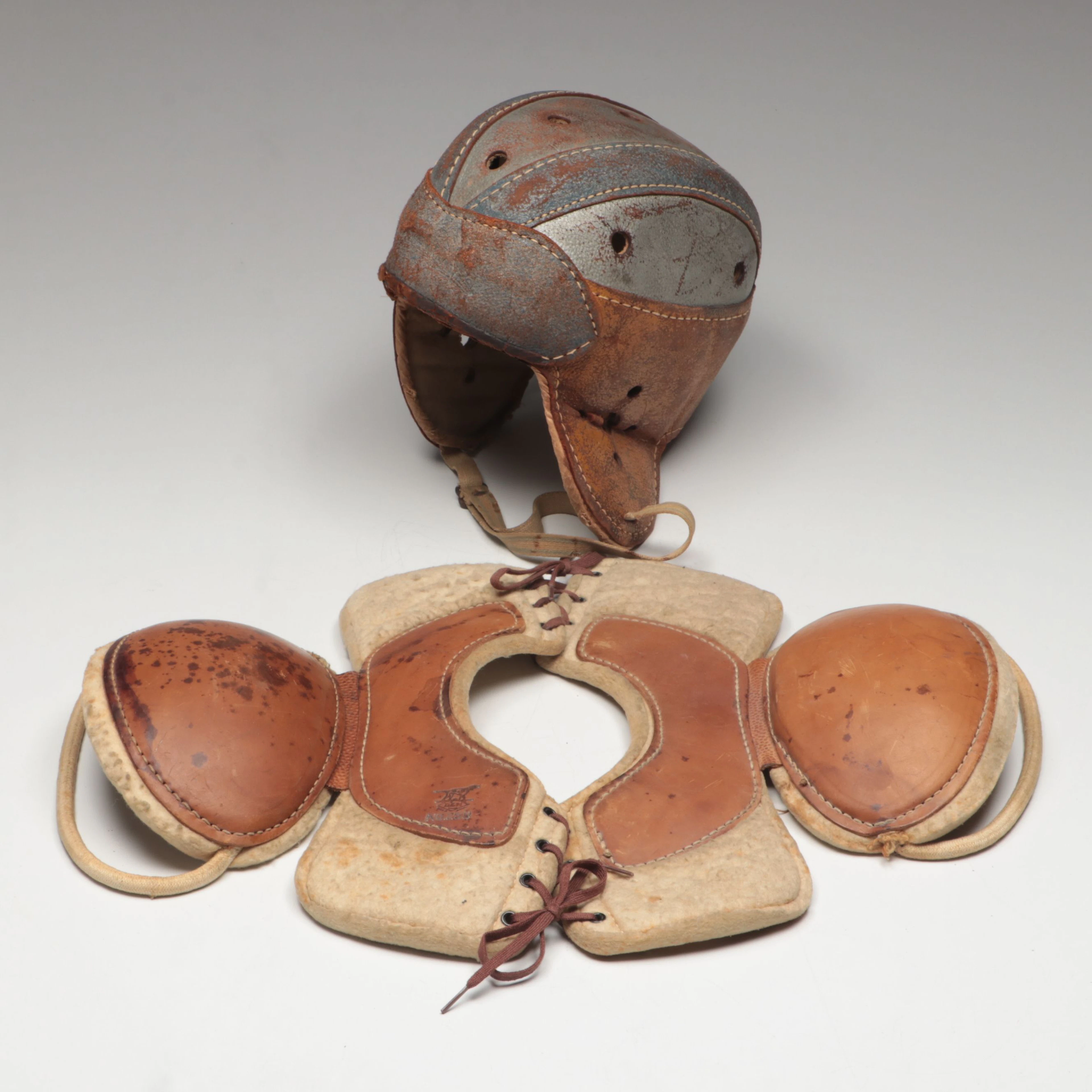 1920s Leather Football Helmet and Shoulder Pads, Vintage