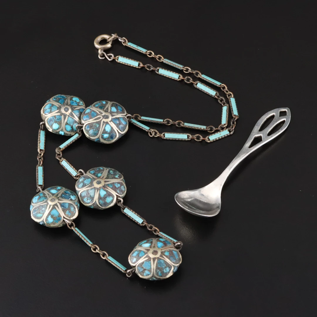 Turquoise Inlay & Enamel Flower Necklace with Sterling Salt Spoon