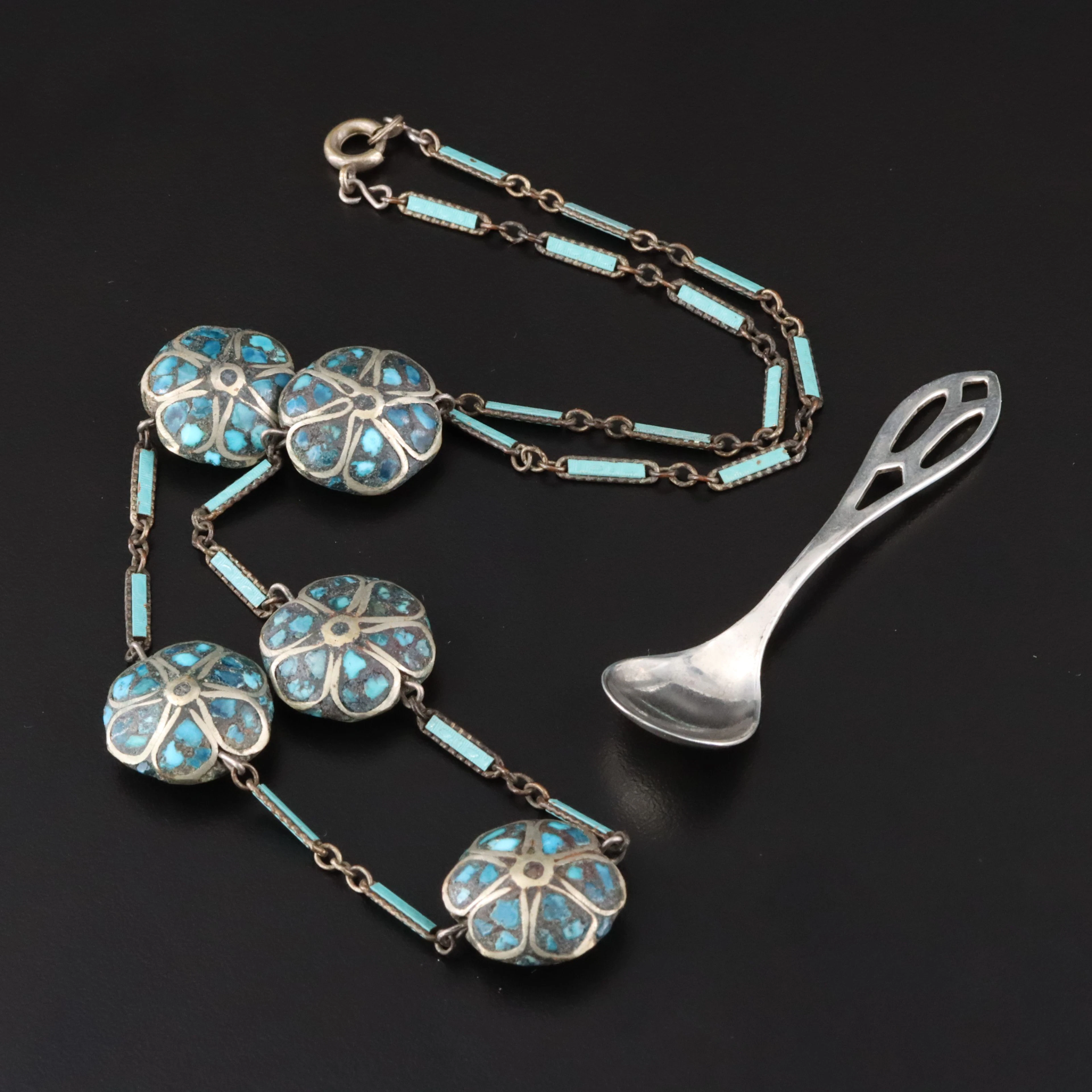 Turquoise Inlay & Enamel Flower Necklace with Sterling Salt Spoon