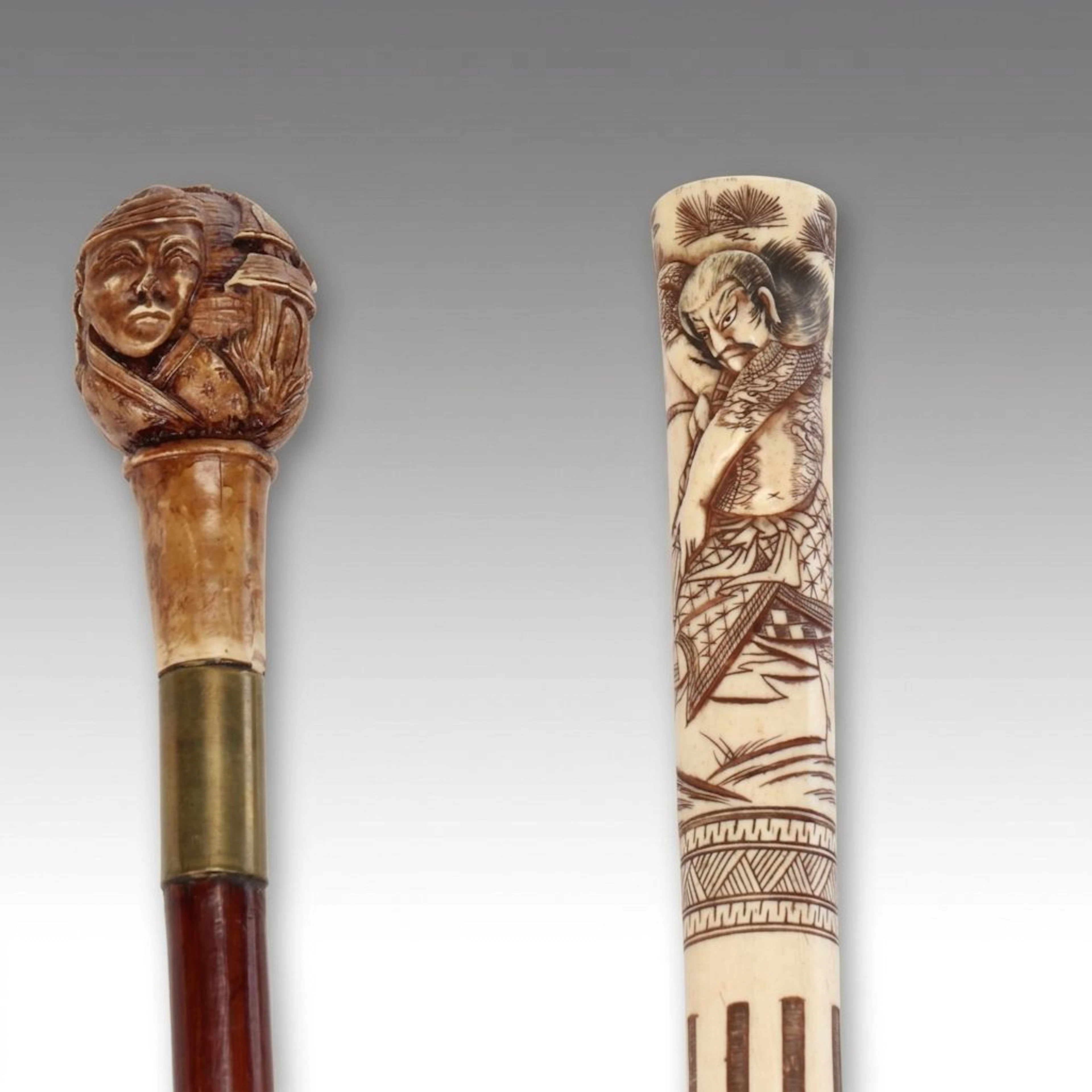 Japanese Folk Art Carved Bone Cane and Whangee Cane with Knob Bone Handle