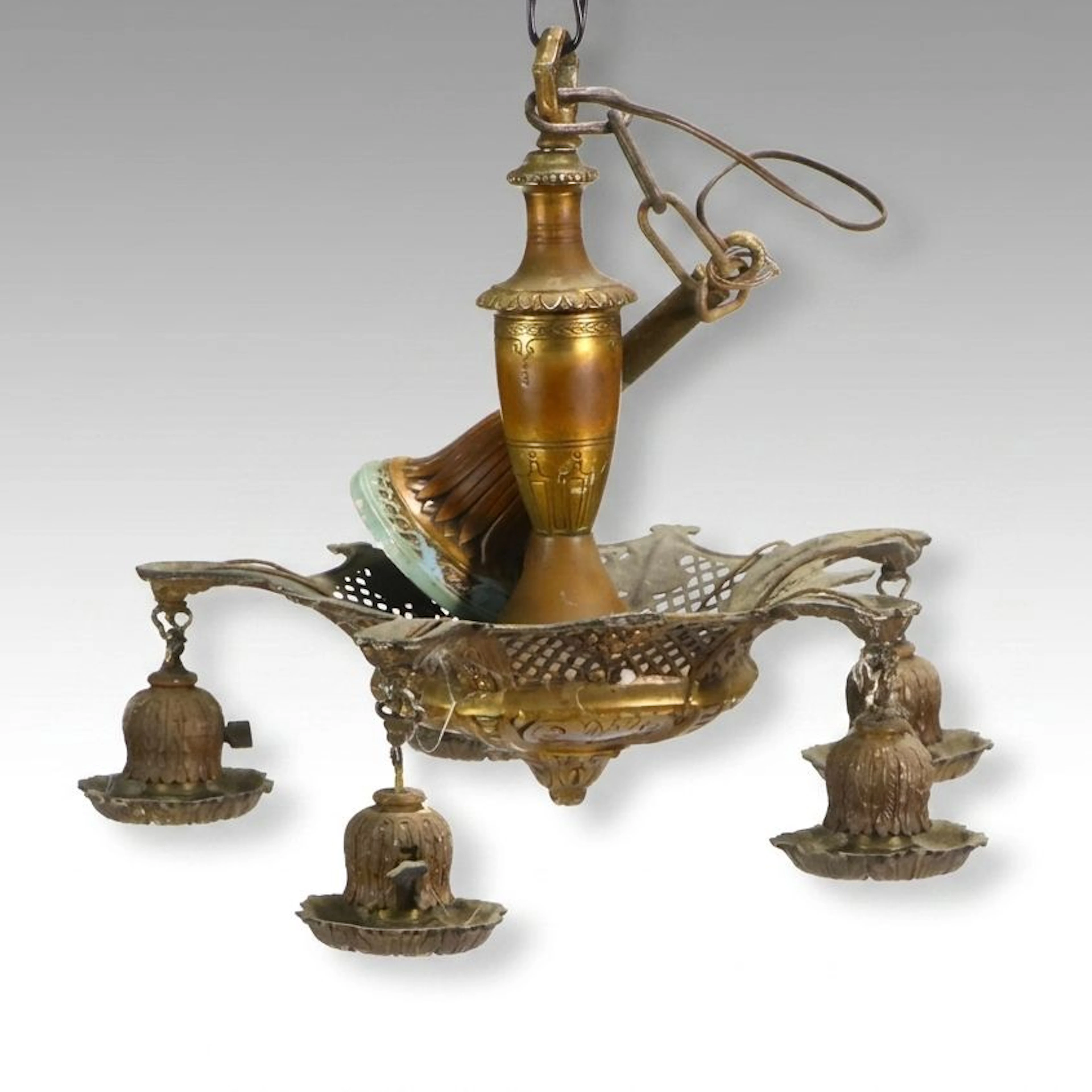 Victorian Style Brass and Iron Five-Arm Pan Chandelier