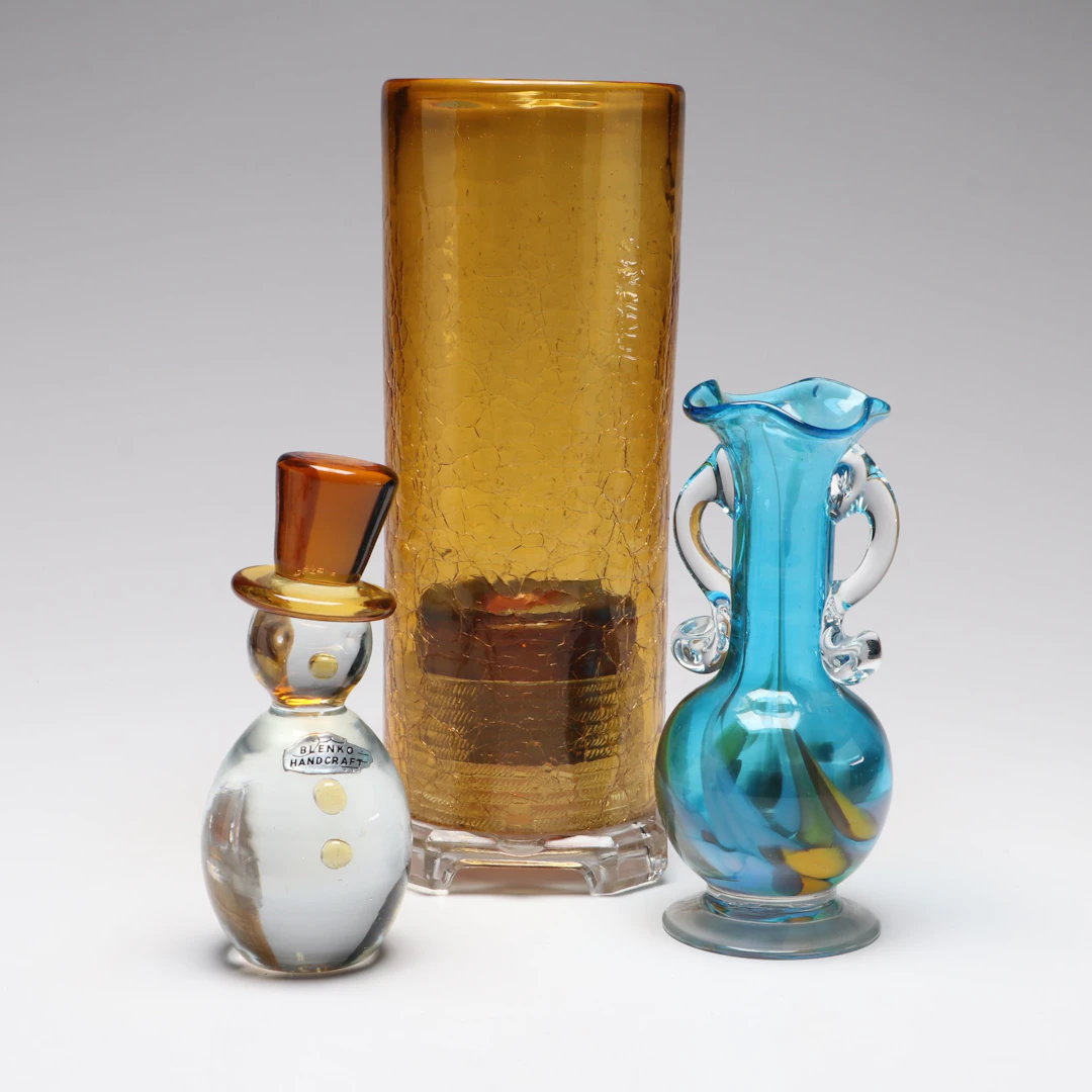 Blenko Crackle Glass Candle Lantern and Snowman Figurine with Murano Style Vase