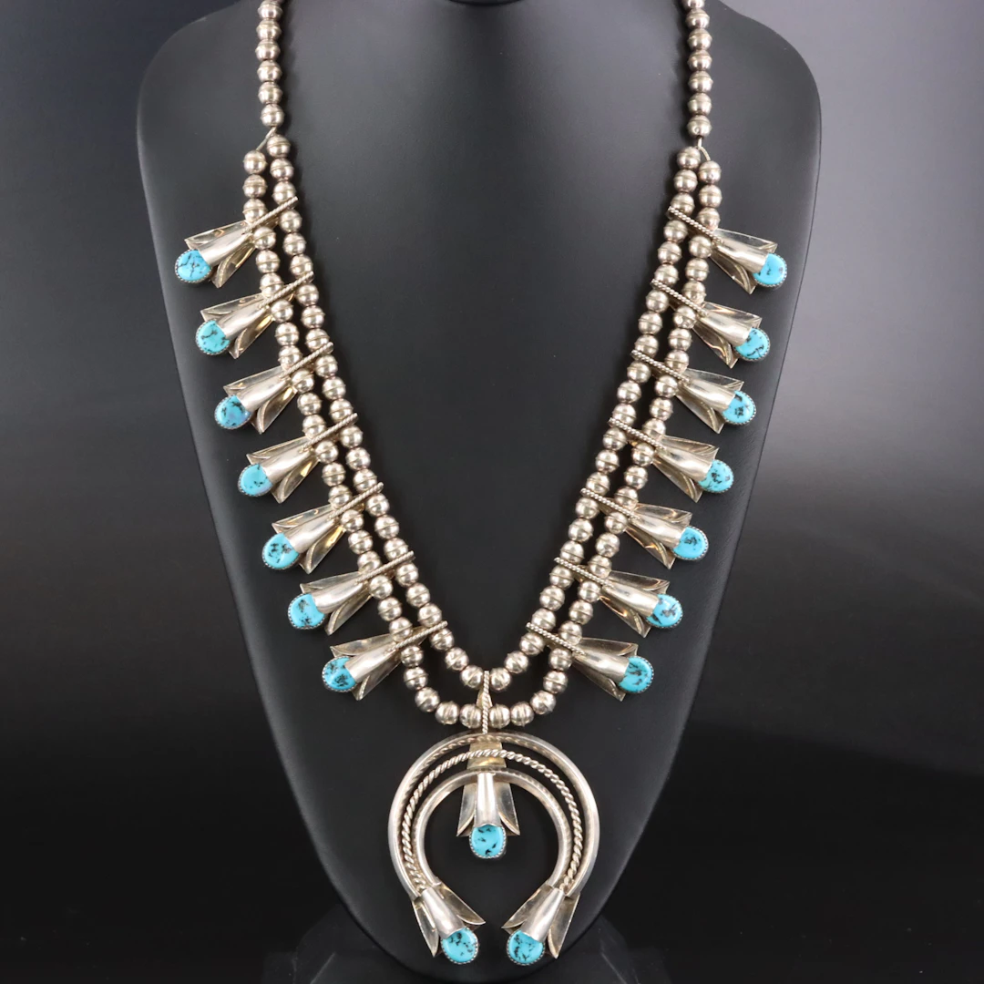 Fatoya Yazzie Navajo Diné Sterling Turquoise Squash Blossom Naja Necklace