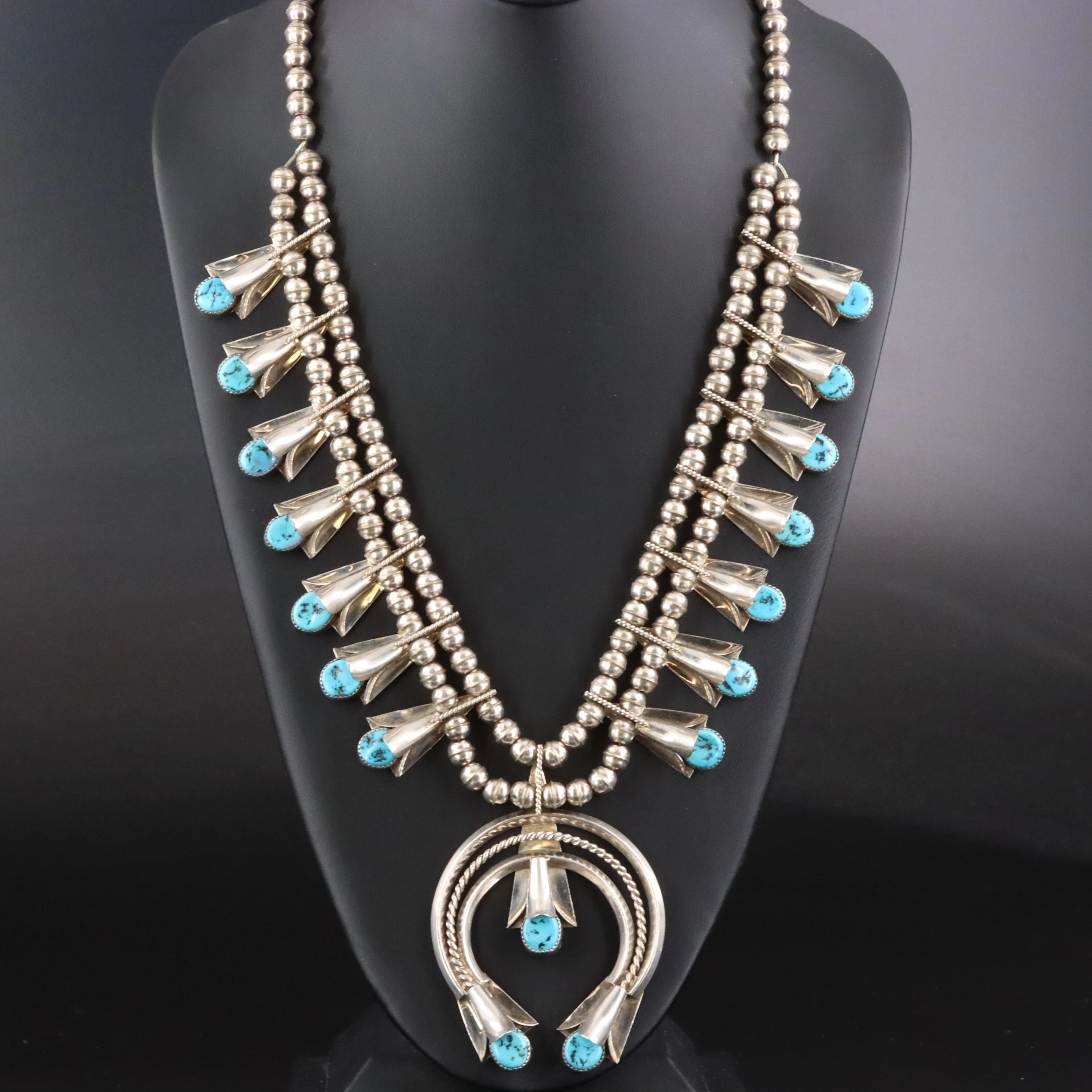 Fatoya Yazzie Navajo Diné Sterling Turquoise Squash Blossom Naja Necklace