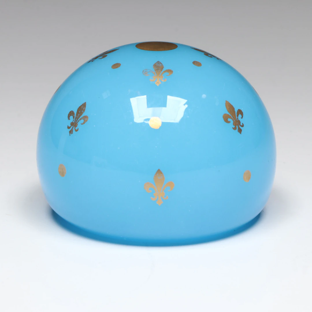 Baccarat Blue Opaline Glass with Gilt Fleur-de-Lis Paperweight