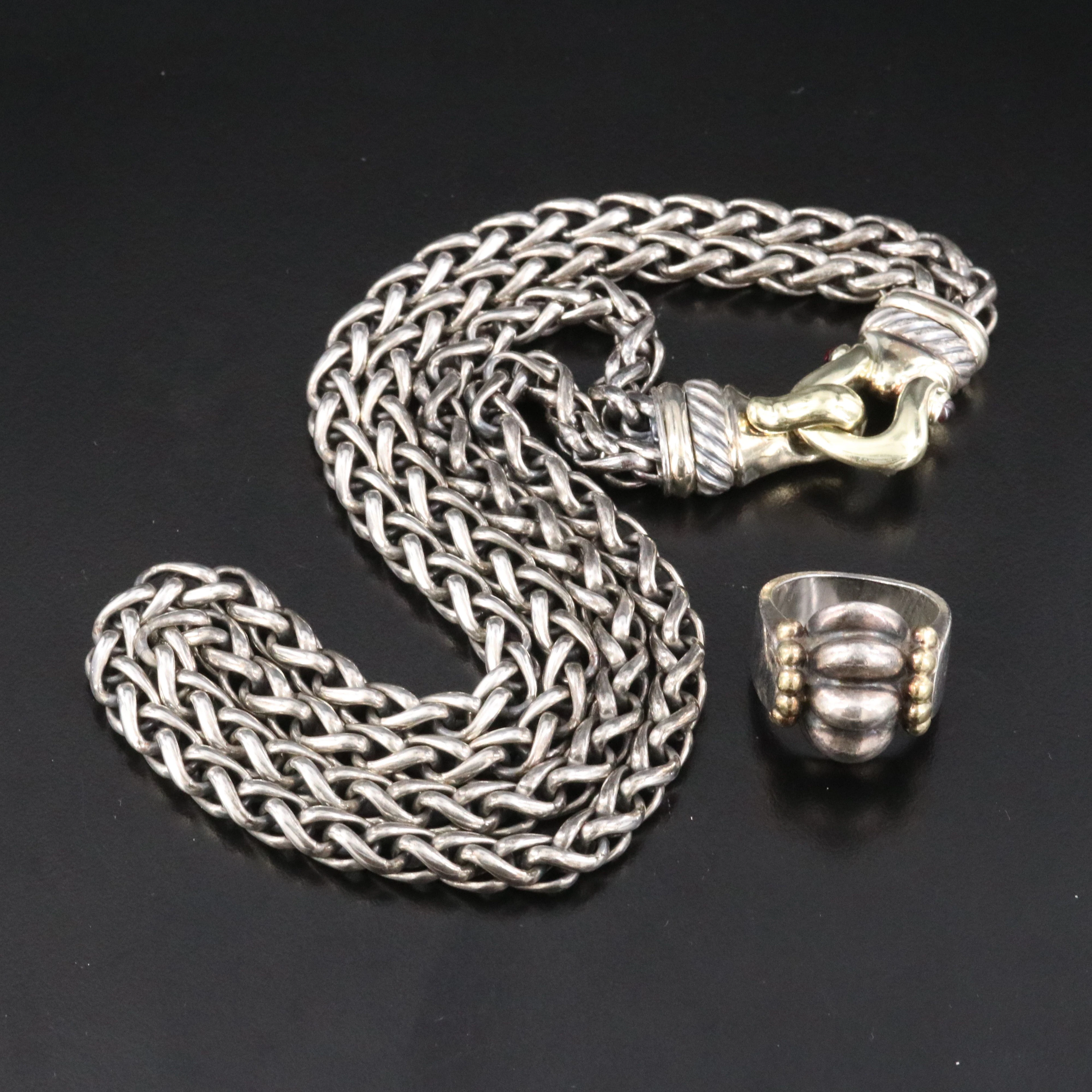 David Yurman Double Wheat Chain Buckle Necklace and Lagos Caviar Fluted Ring