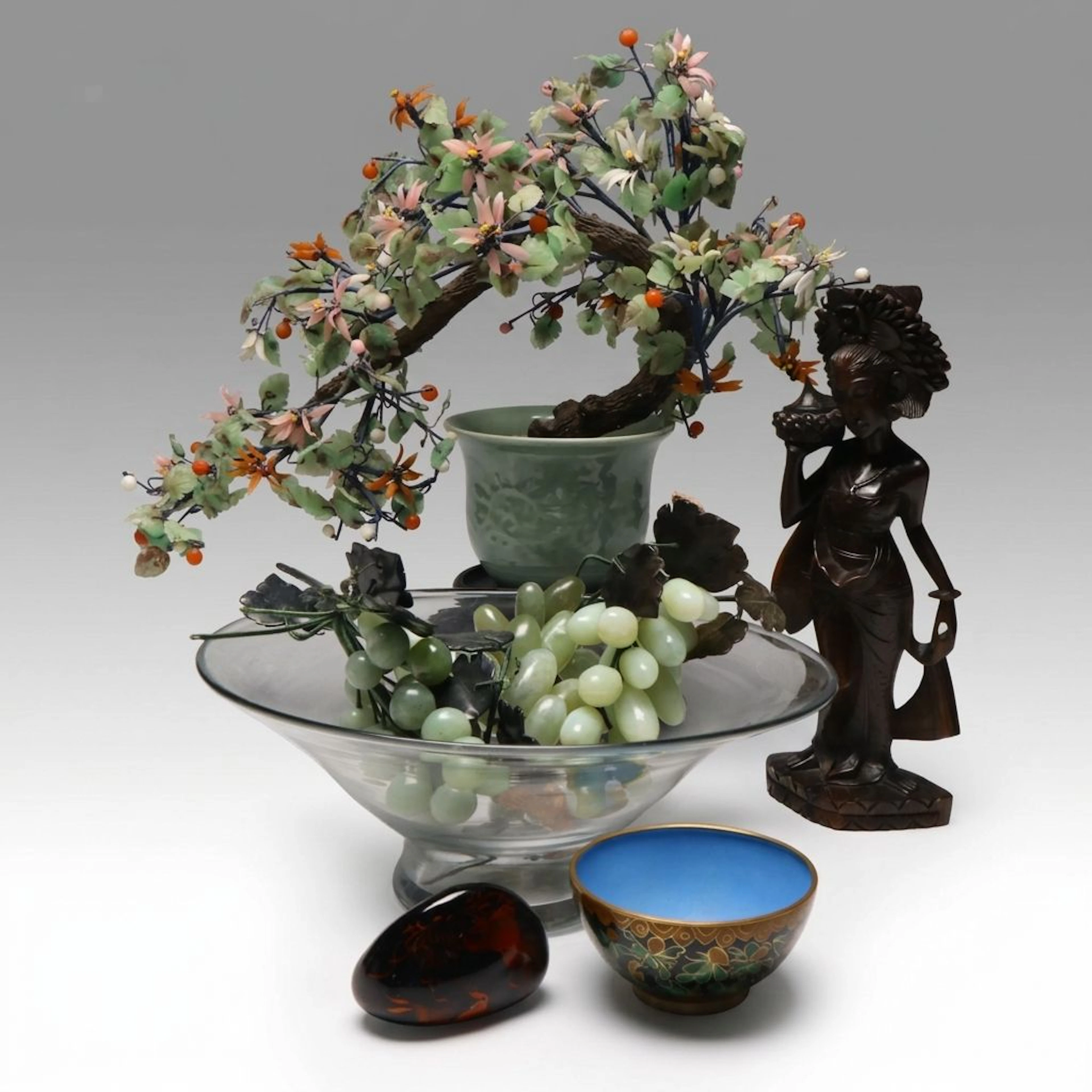 Chinese Cloisonné Bowl, Stone Bonsai, Balinese Female Figure and Paperweight