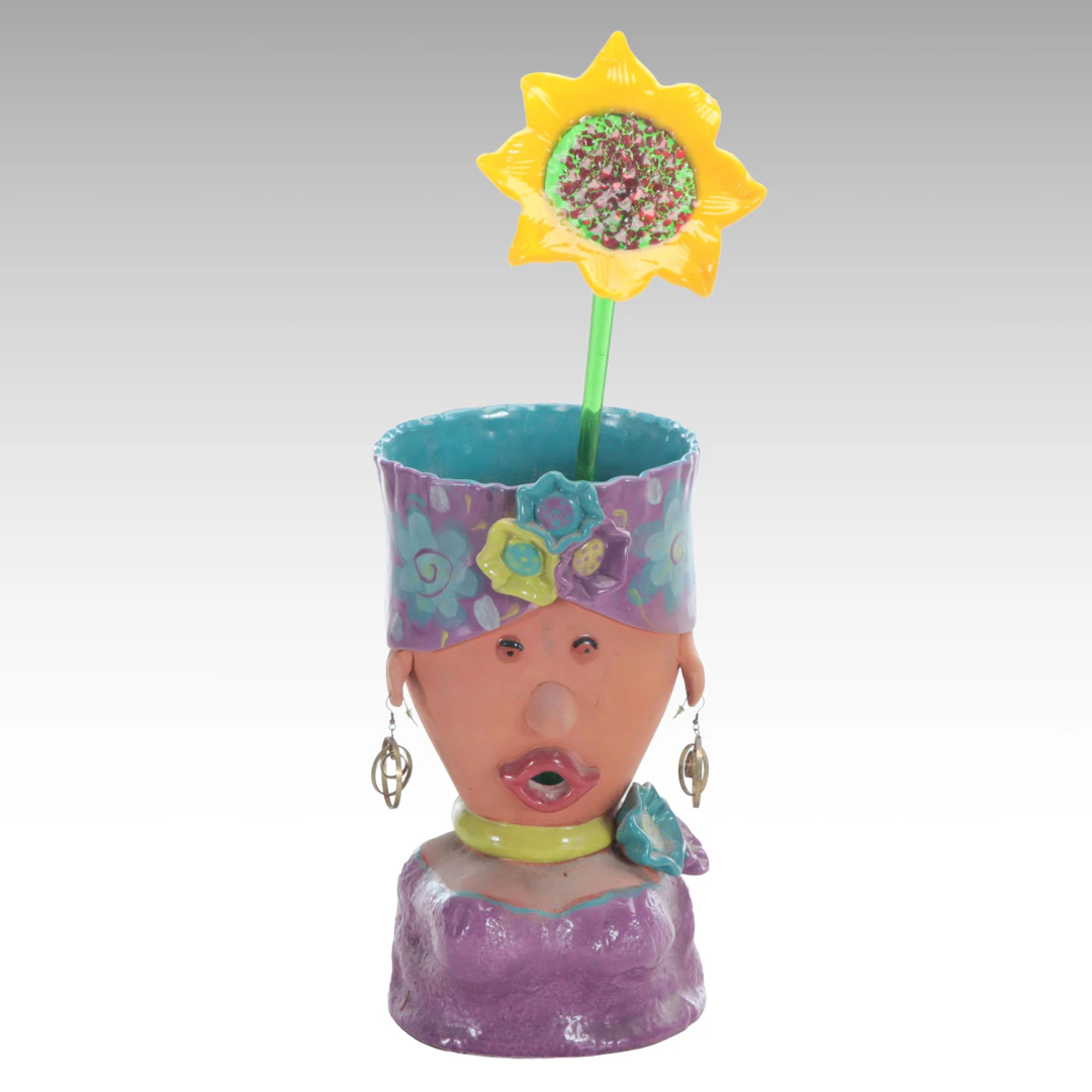 Bird Brain Figural Terracotta Planter with Blown Glass Sunflower