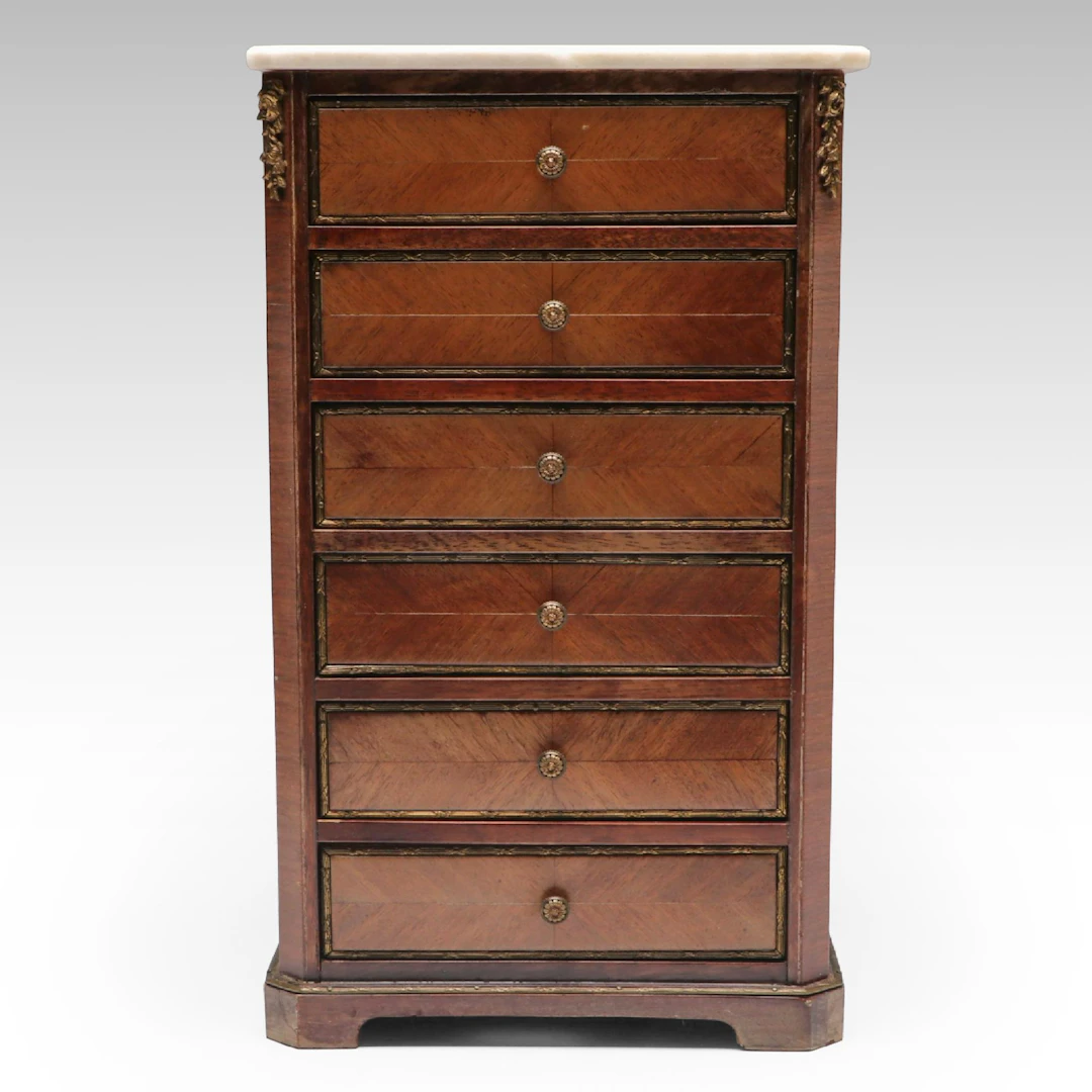Empire Style Gilt Metal-Mounted Mahogany & Calcite Six-Drawer Miniature Commode