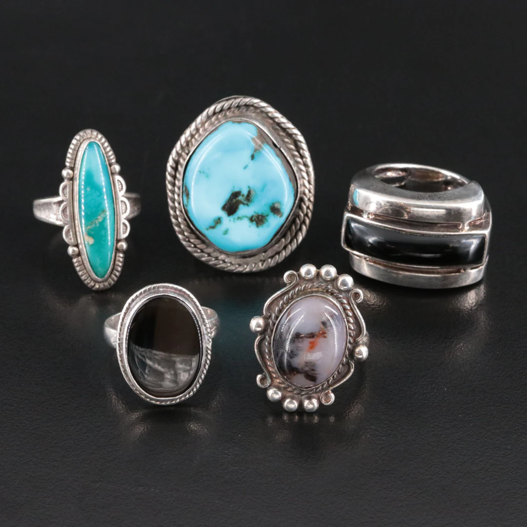 Sterling Ring Collection Including Western, Turquoise, Black Onyx and Agate