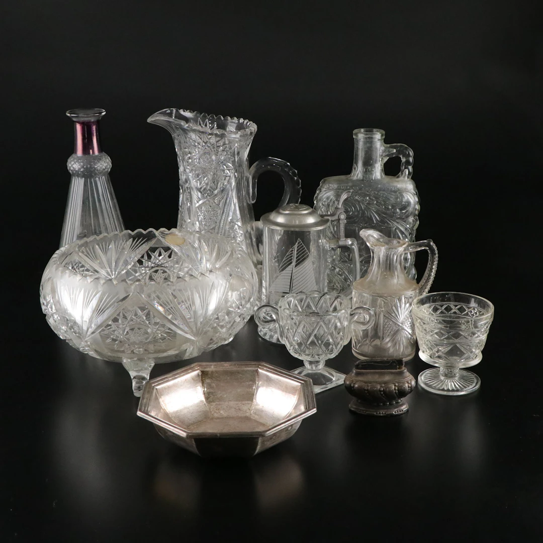 American Brilliant Style Cut Glass with Etched Mug, Table Lighter, and More