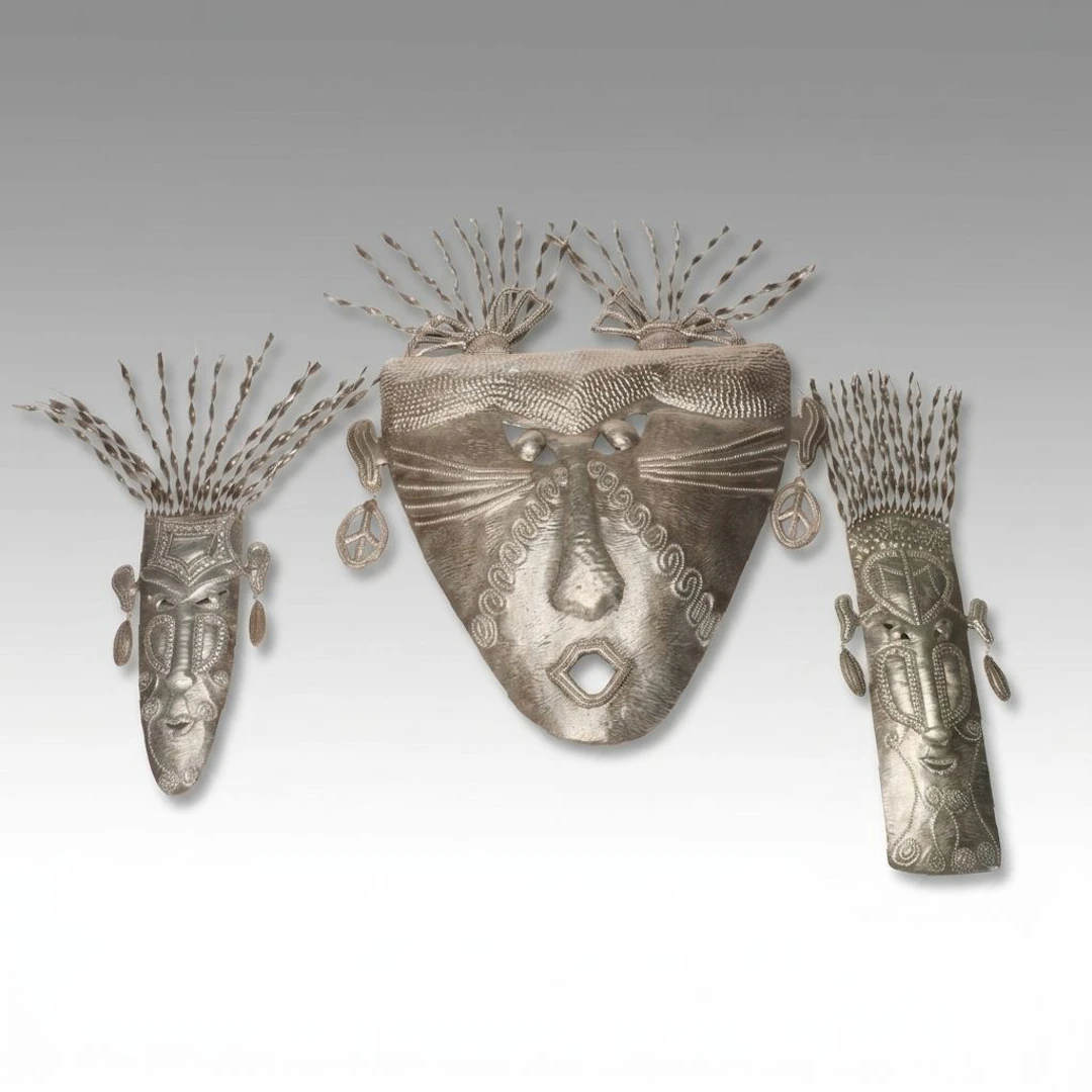 African Tribal Folk Art Style Metal Mask Wall Hangings