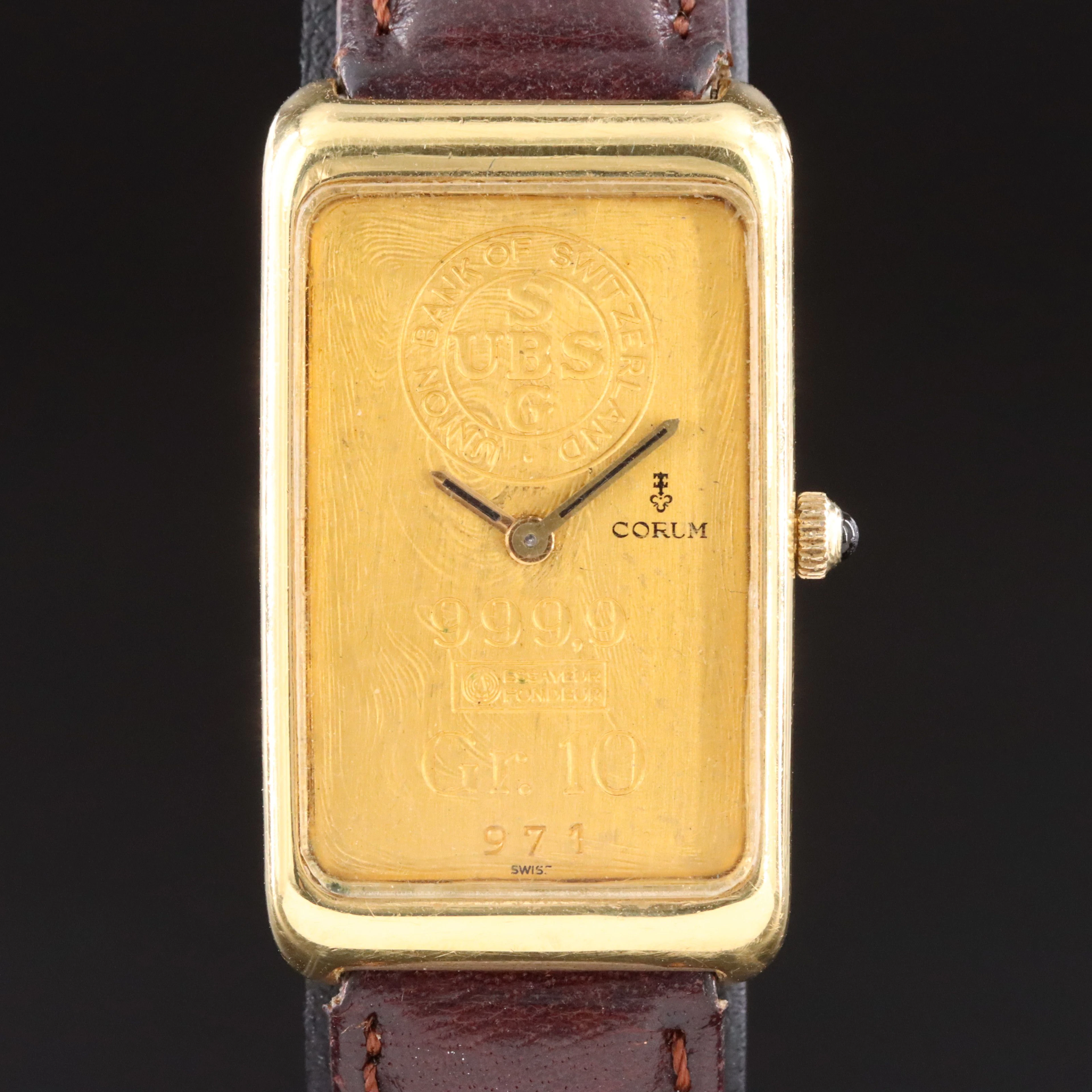 U.B.S.10 Grams 24K 999.9 Gold Ingot Dial 18k Corum Watch Case Quartz Timepiece