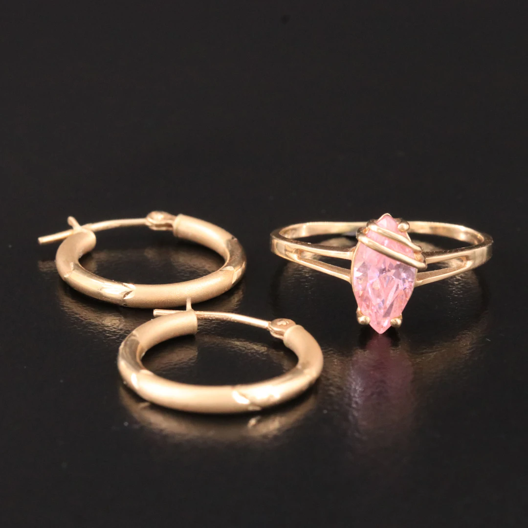 10K CZ Ring and 14K Hoop Earrings