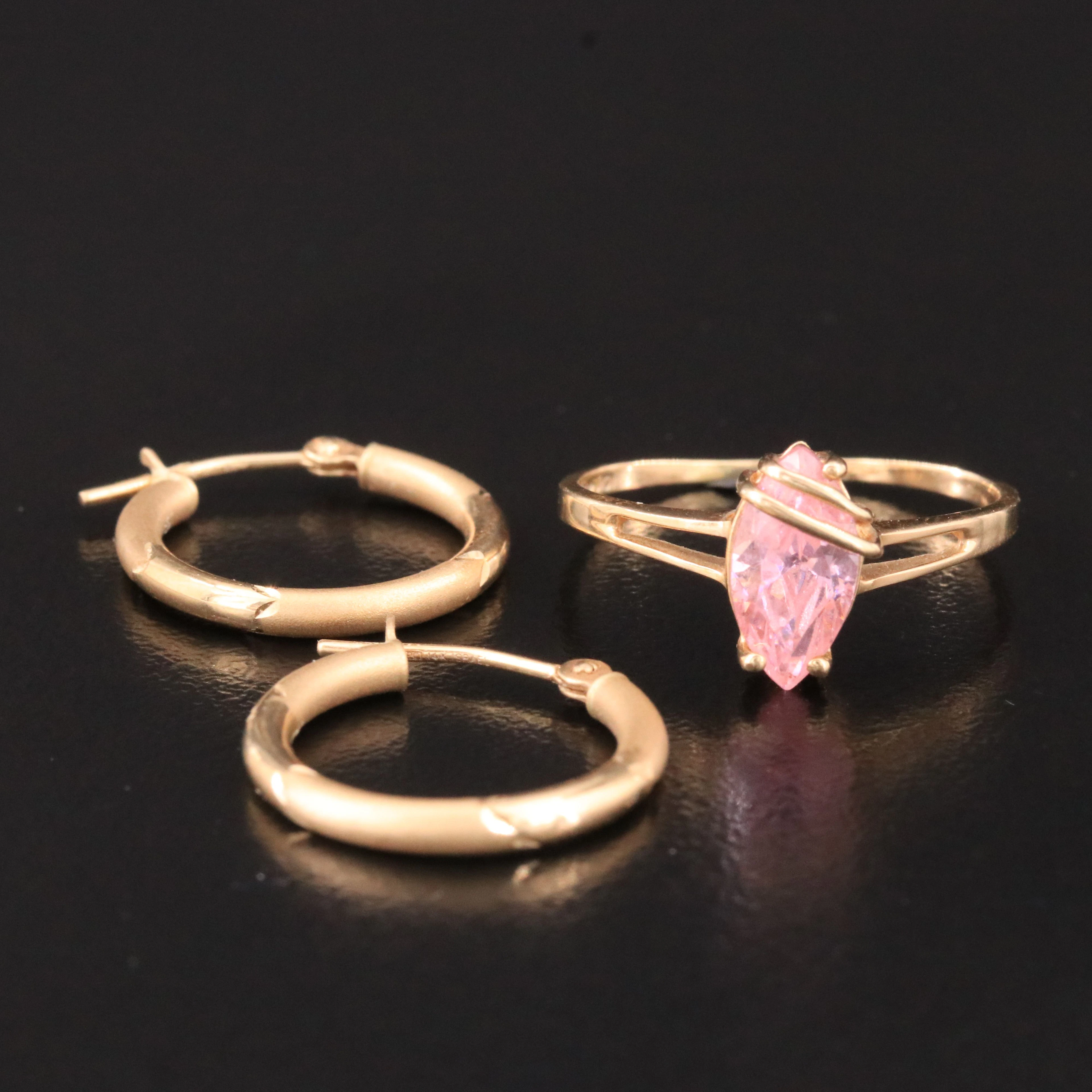10K CZ Ring and 14K Hoop Earrings