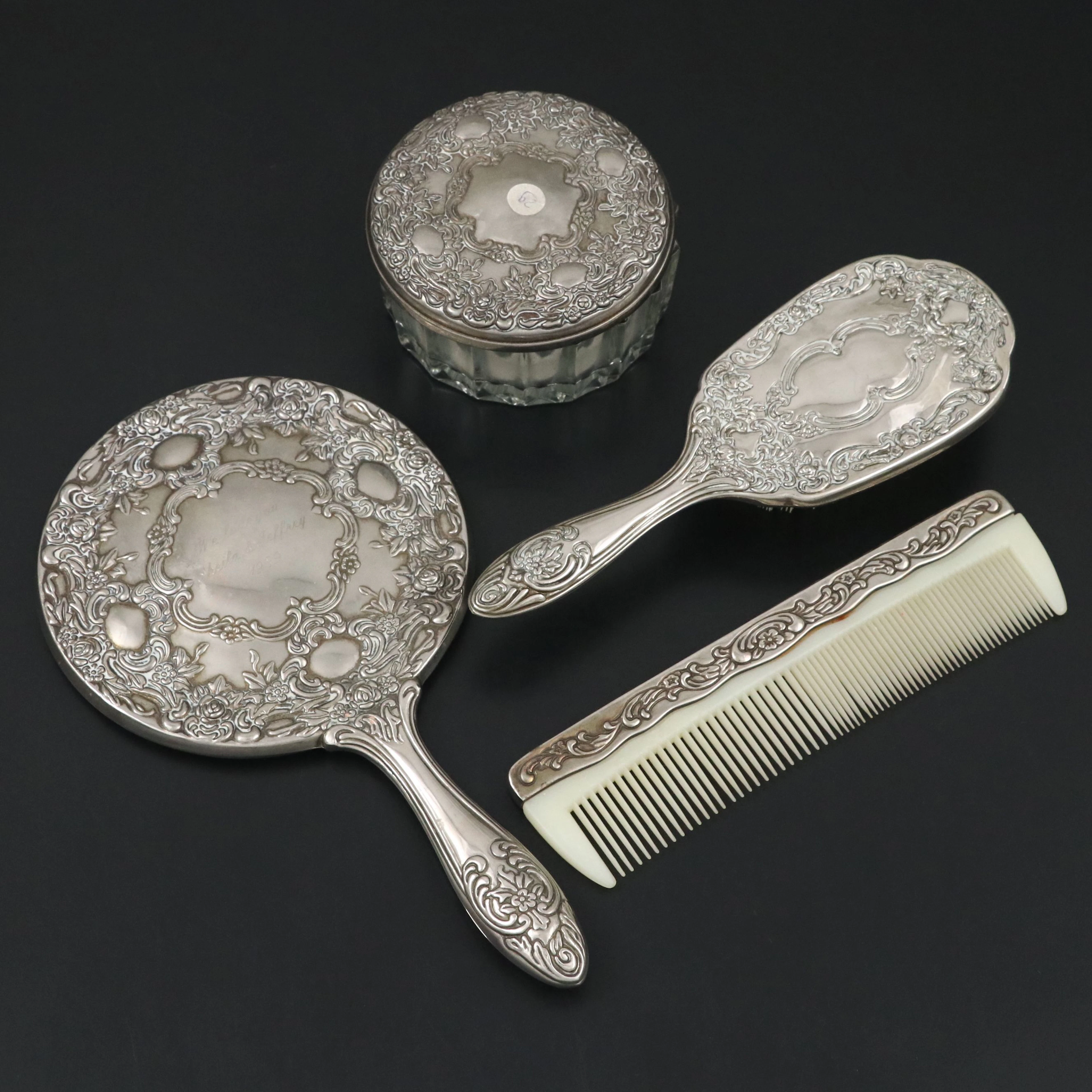 Vintage Ornate Silver Plate Hand Mirror, Hairbrush, Comb and Powder Jar