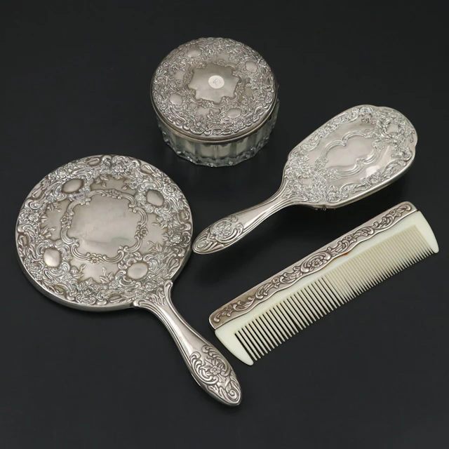 Vintage Ornate Silver Plate Hand Mirror, Hairbrush, Comb and Powder Jar