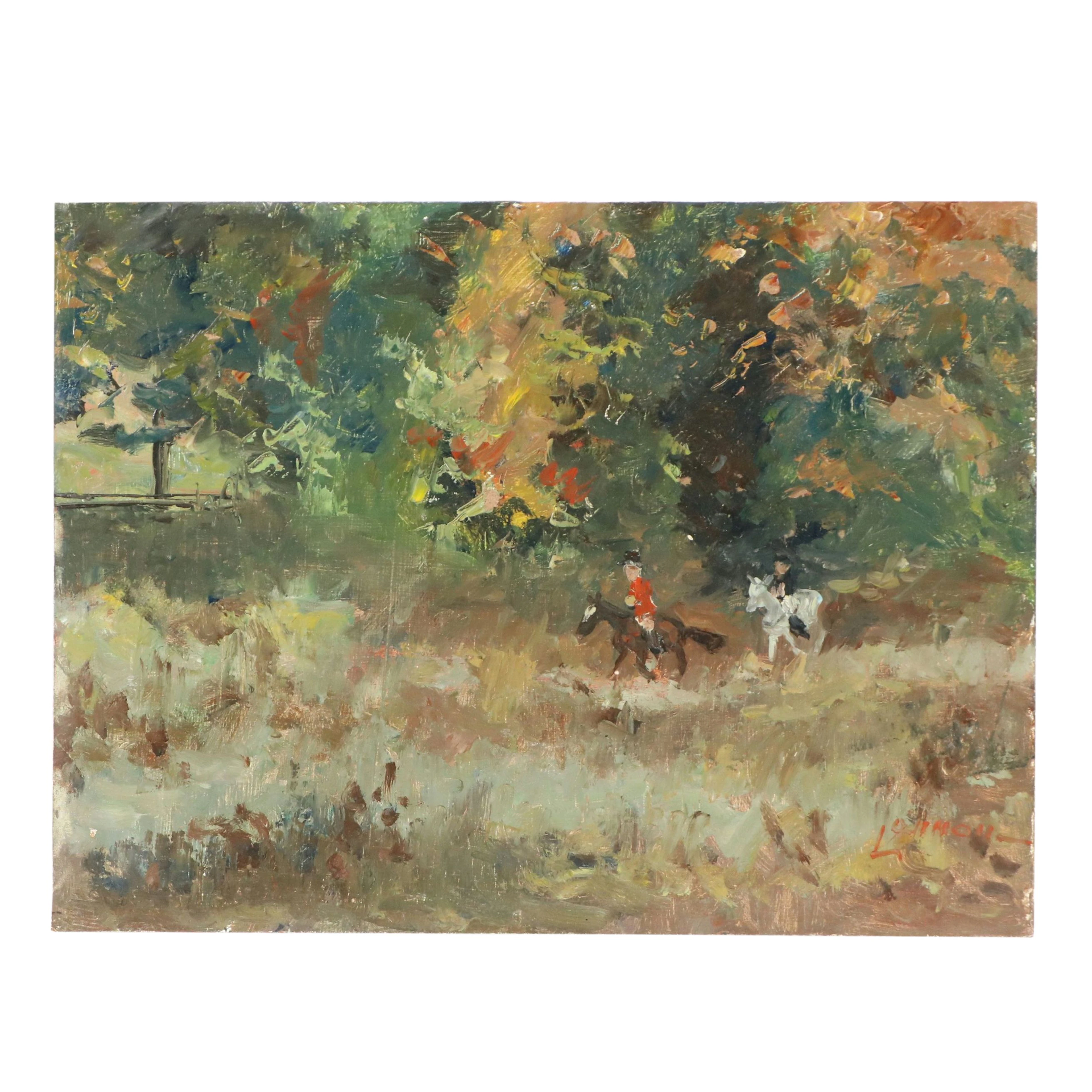 Bernard Lennon Impressionist Autumnal Oil Painting with Horse Riders