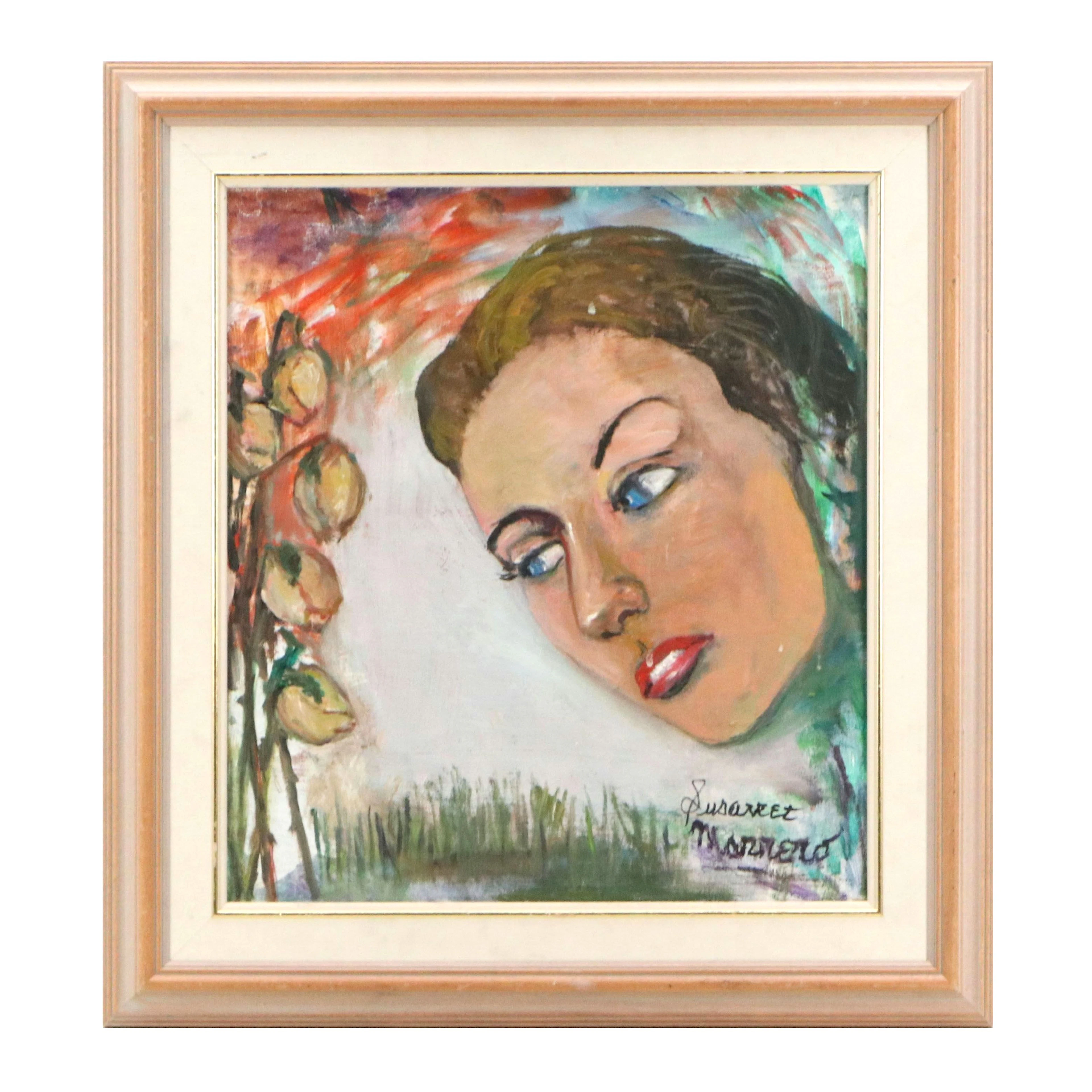 Edith Susarret Marrero Oil Painting of Woman with Dead Roses, Late 20th C.