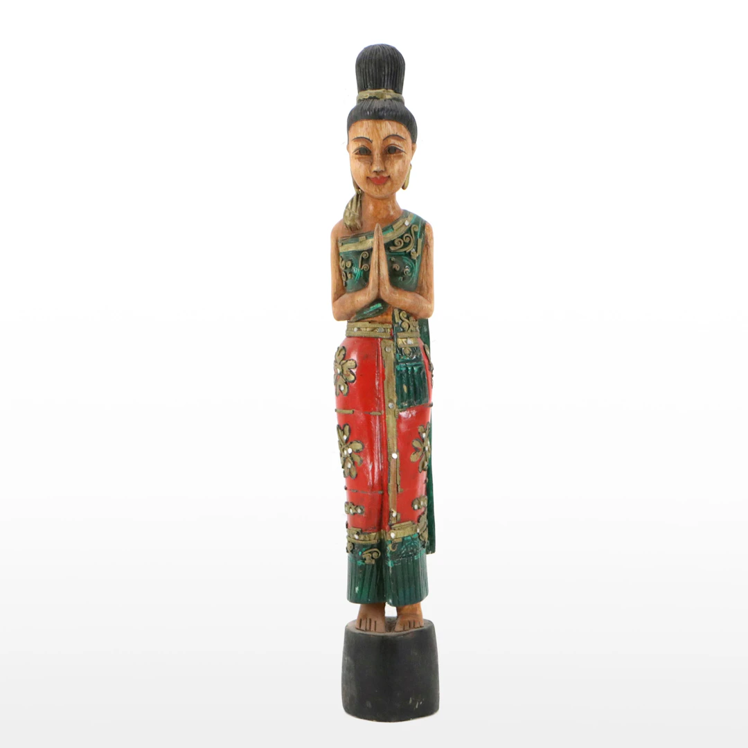 Thai Sawasdee Style Polychrome Carved Lady Figurine