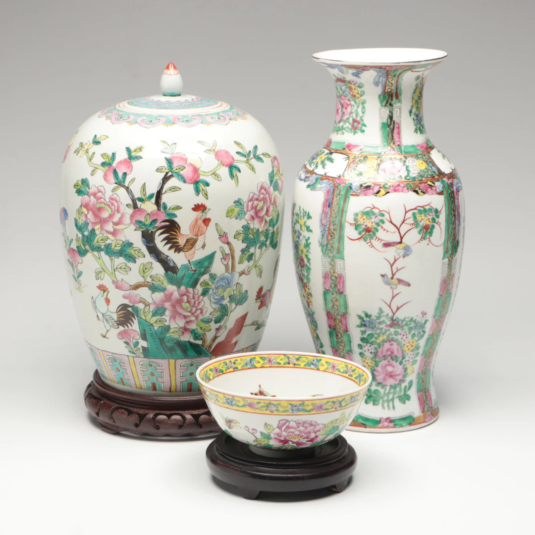 Chinese Famille Rose Porcelain Vase, Bowl, and Ginger Jar with Wood Stands