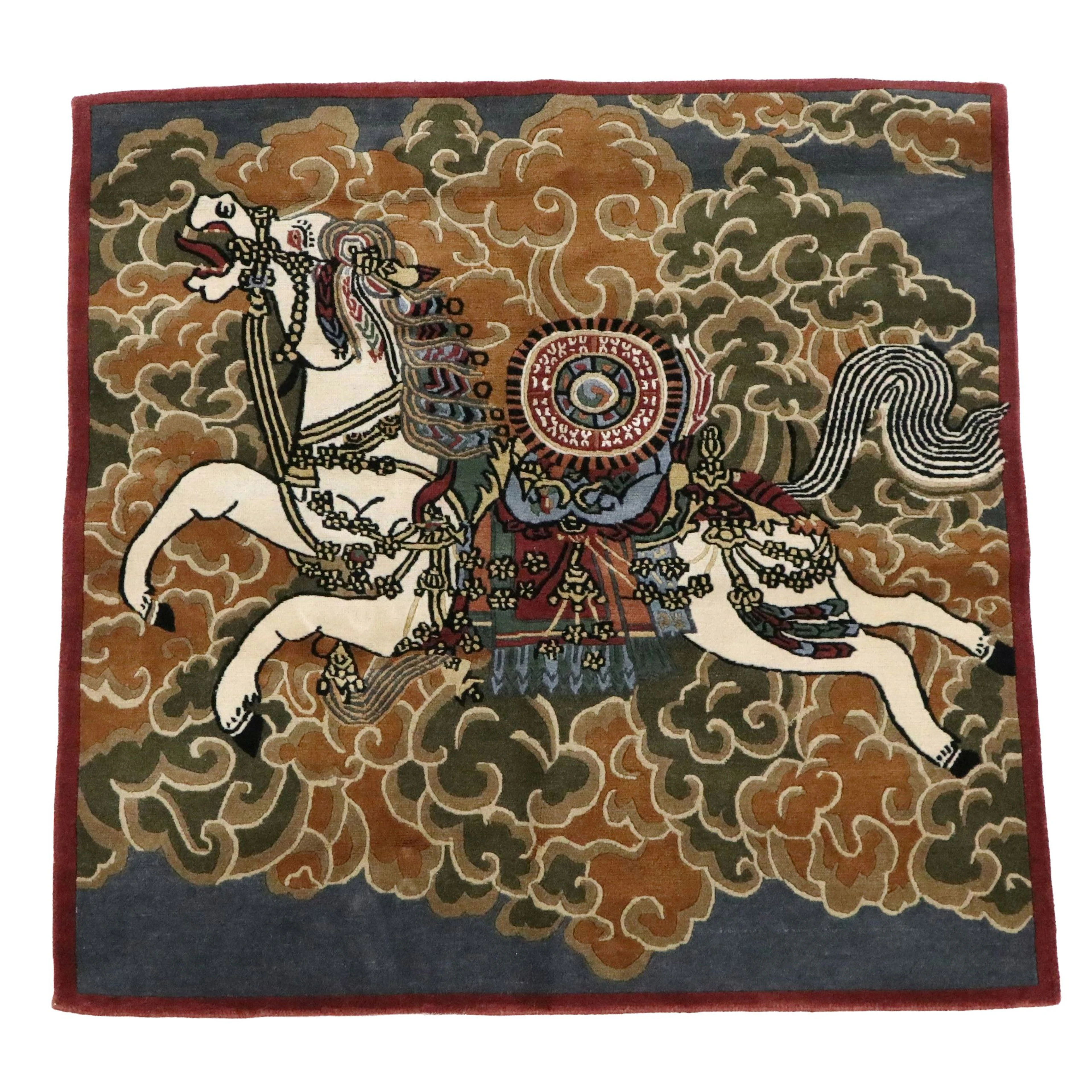 3'11 Square Hand-Knotted Tibetan Wind Horse Pictorial Accent Rug