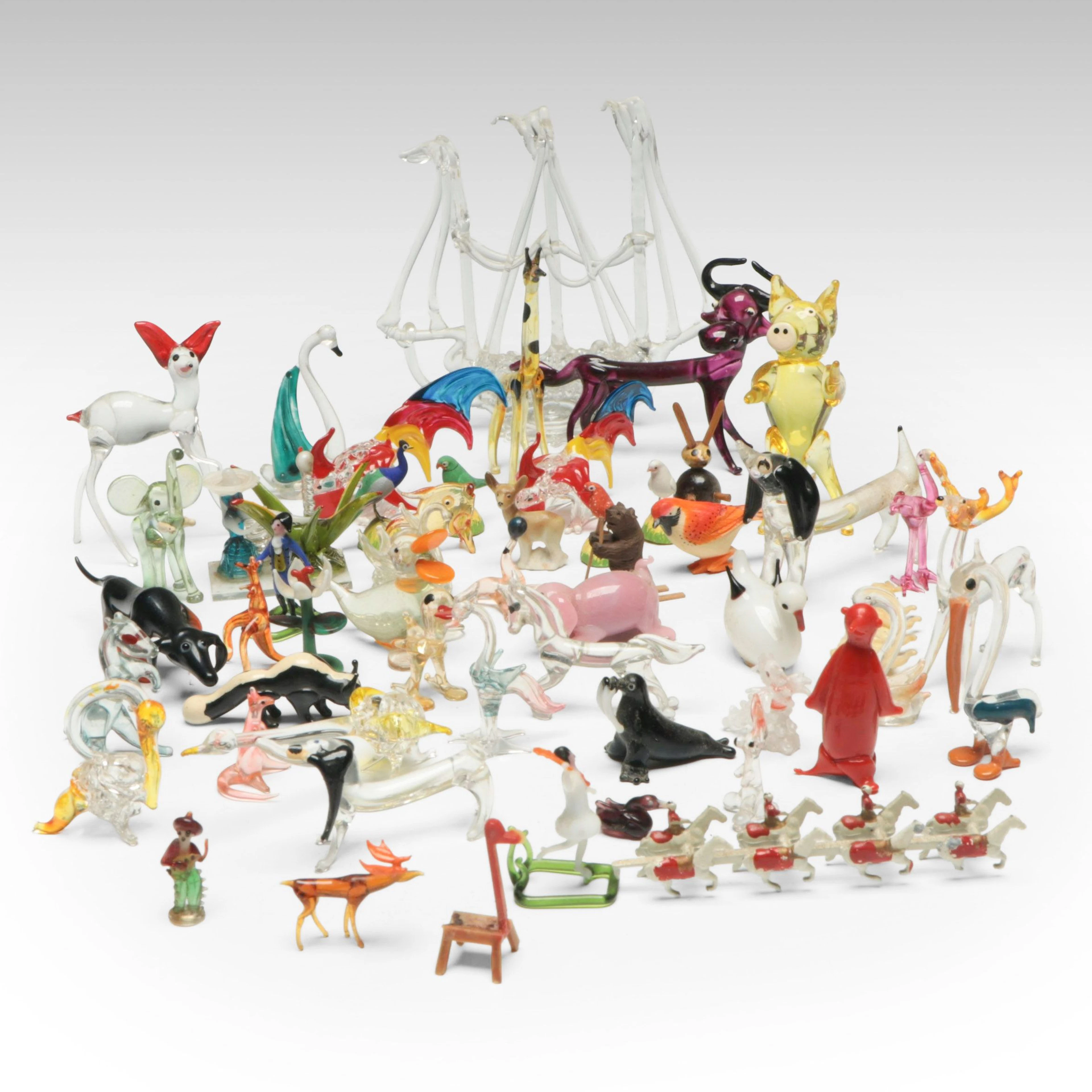 Blown Glass Elephant, Cranes, Dogs, and More Miniature Animal Figurines