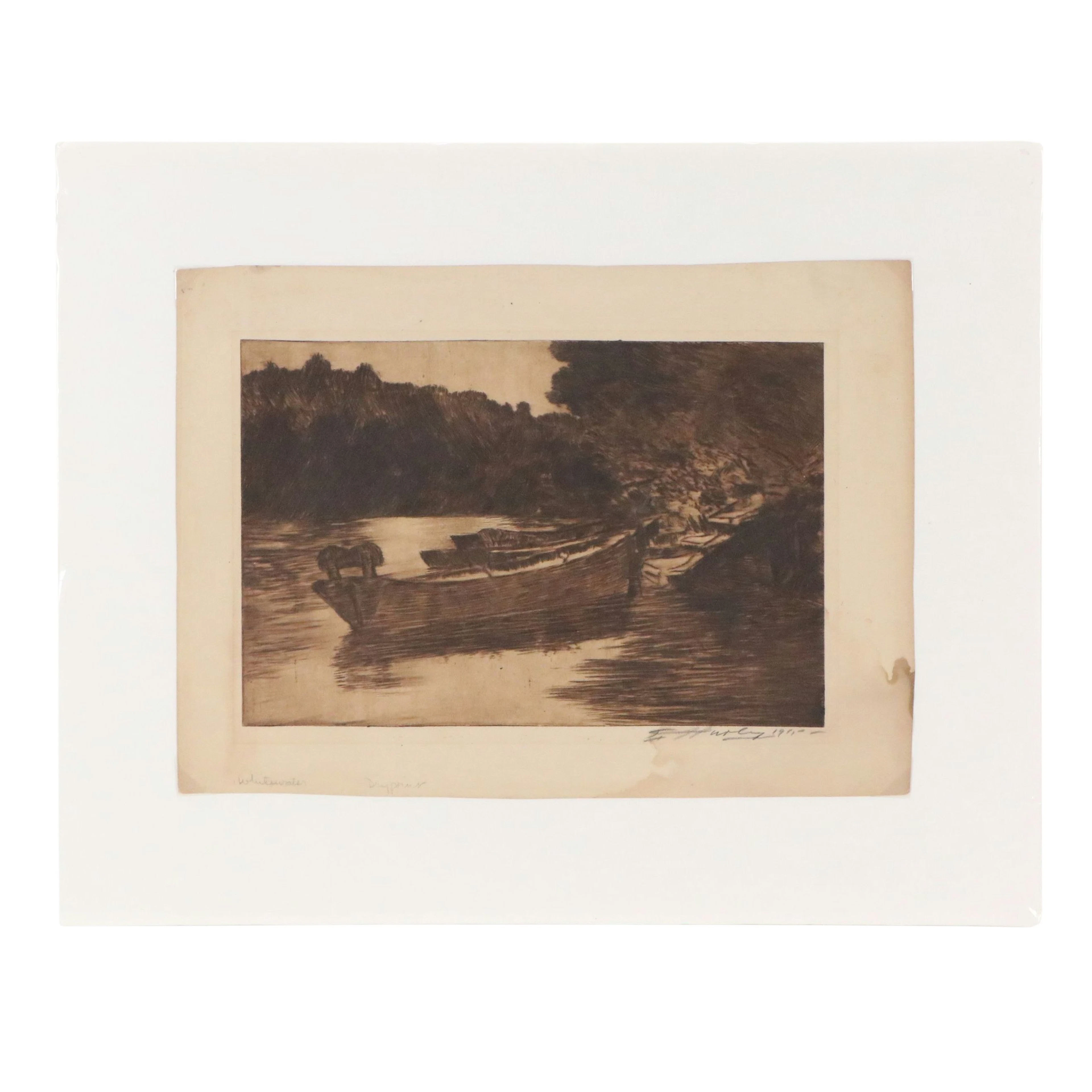 Edward T. Hurley Etching with Drypoint "Whitewater," 1915