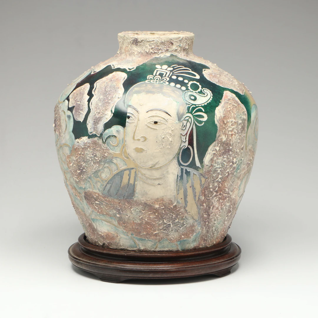 Studio Art Pottery Hand-Painted Buddha Vase on Wood Base