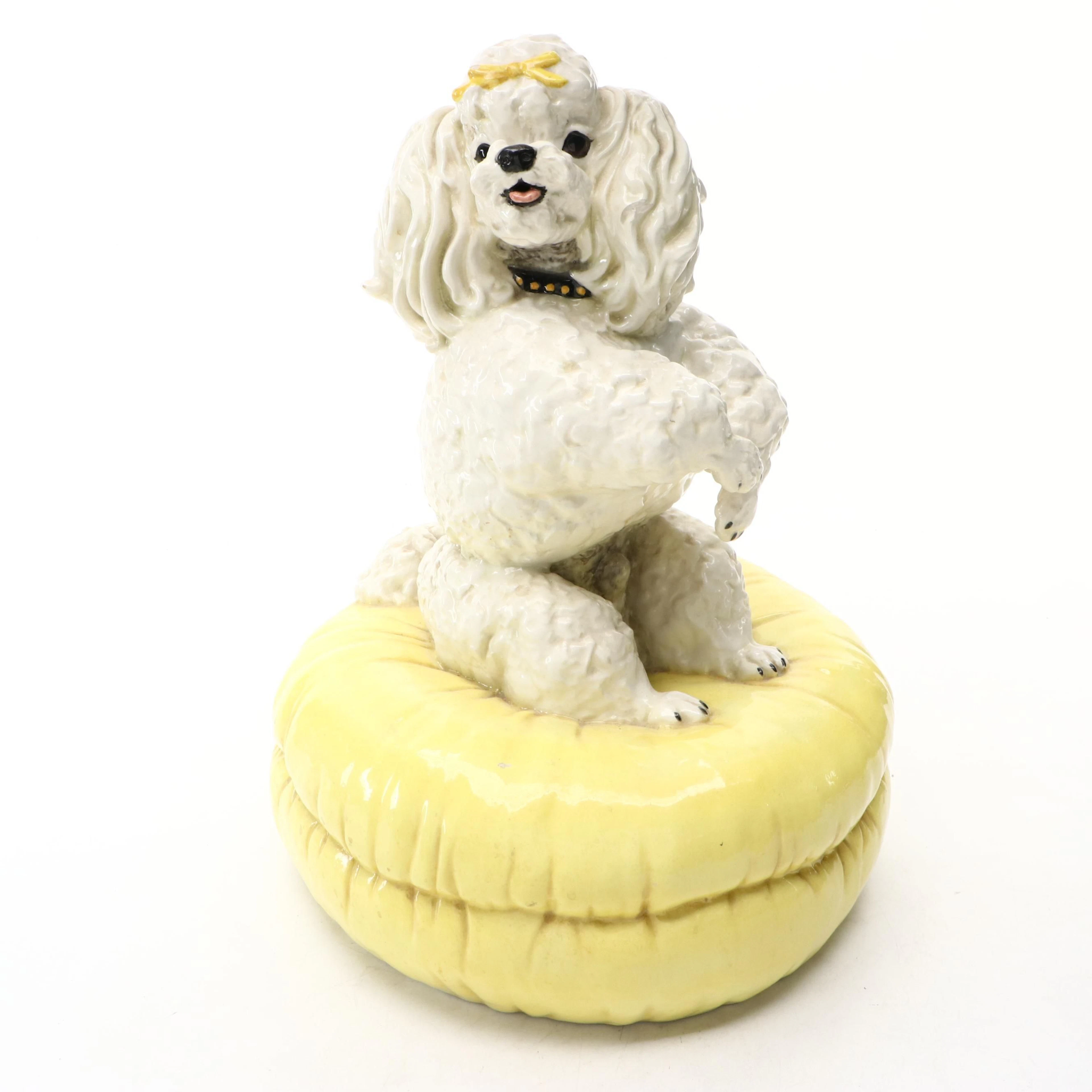 Hollywood Regency Ceramic Poodle Sitting Up on Pillow