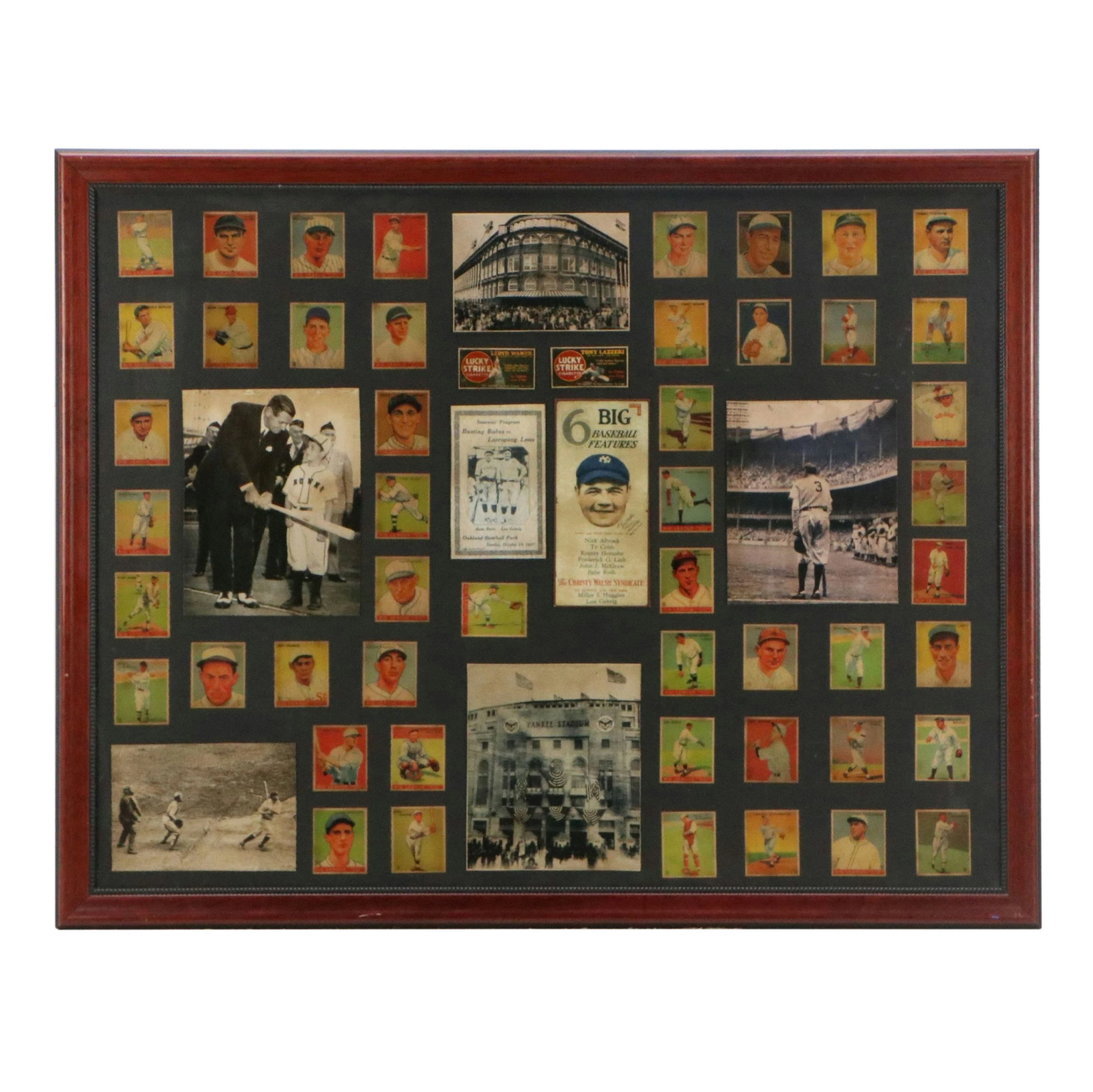 Baseball Card and Advertisement Reprint Display Featuring Babe Ruth, and More