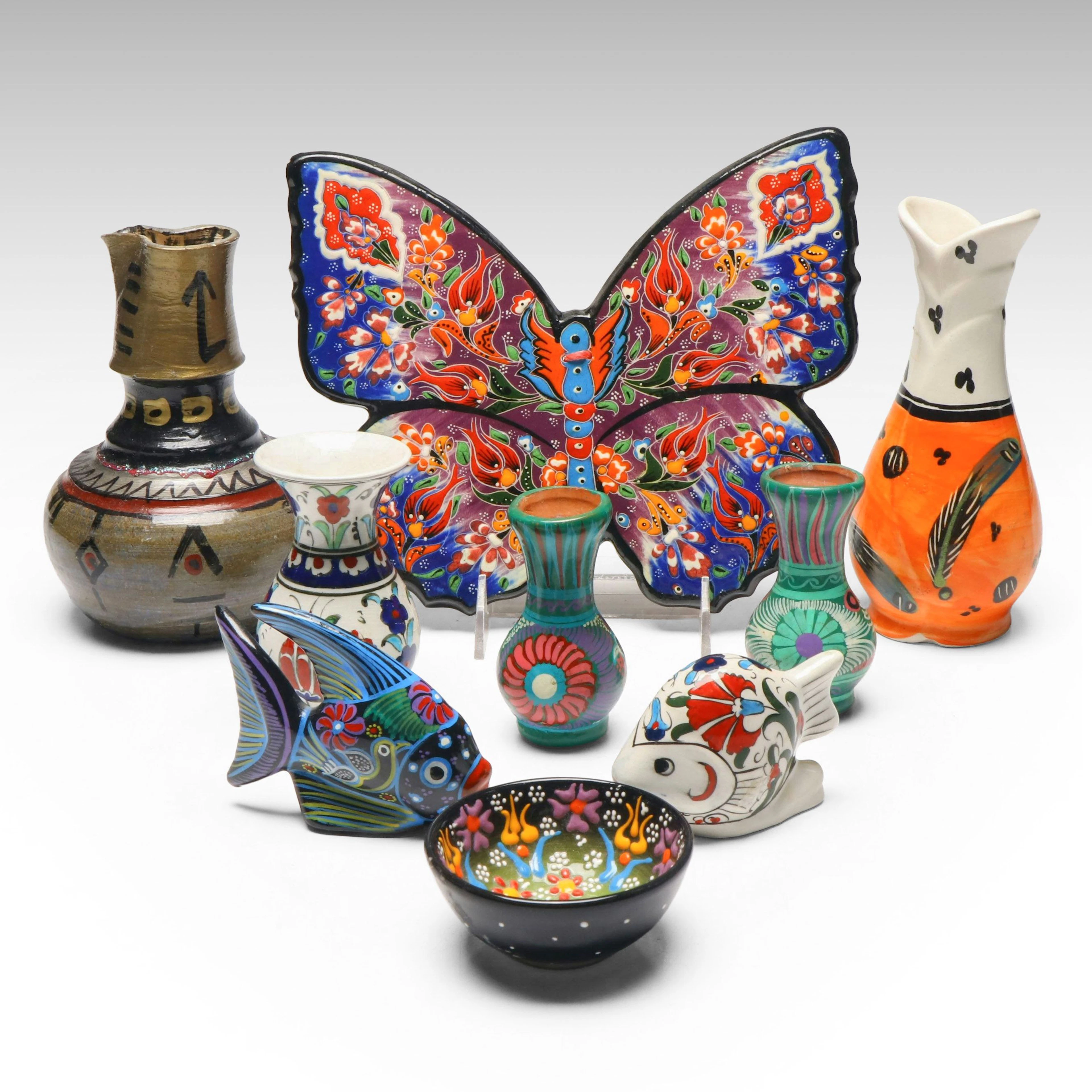 Souvenir Turkish and Mexican Ceramic Vessels with Folk Art Fish Figurines