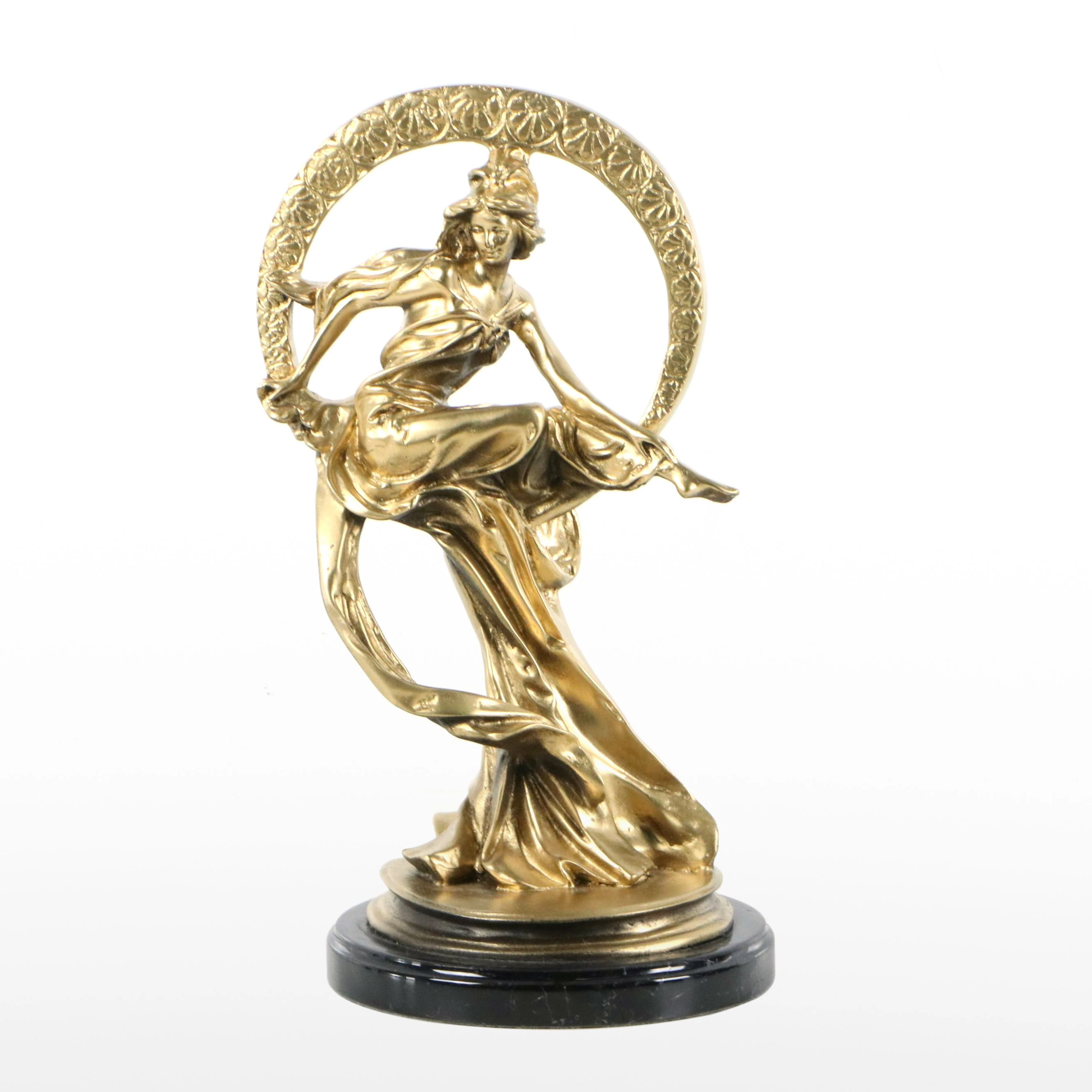 Gilded Cast Metal Sculpture After Alphonse Mucha "Maiden of the Arts"
