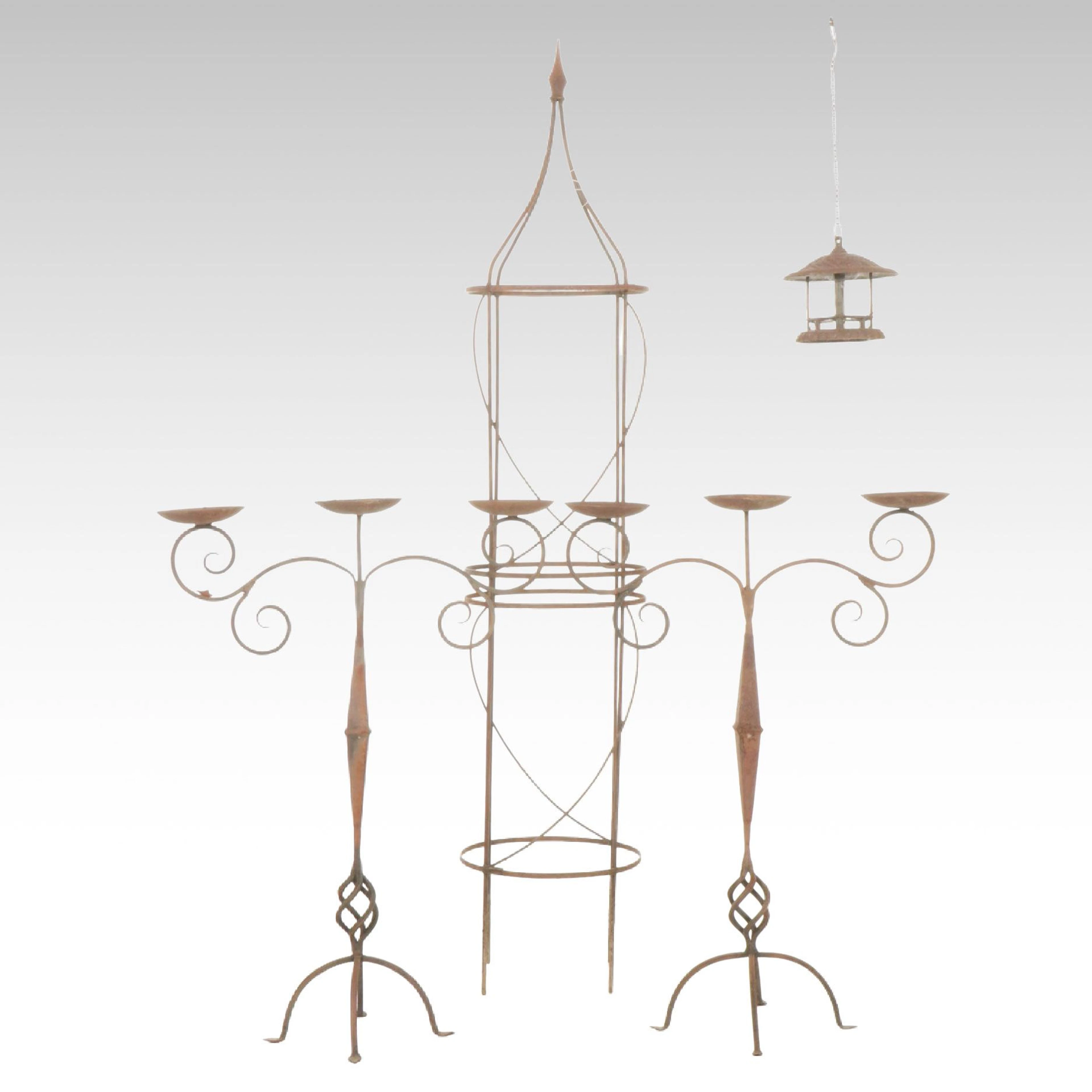 Wrought Iron Floor Candelabras, Obelisk Garden Trellis & Pagoda Bird Feeder