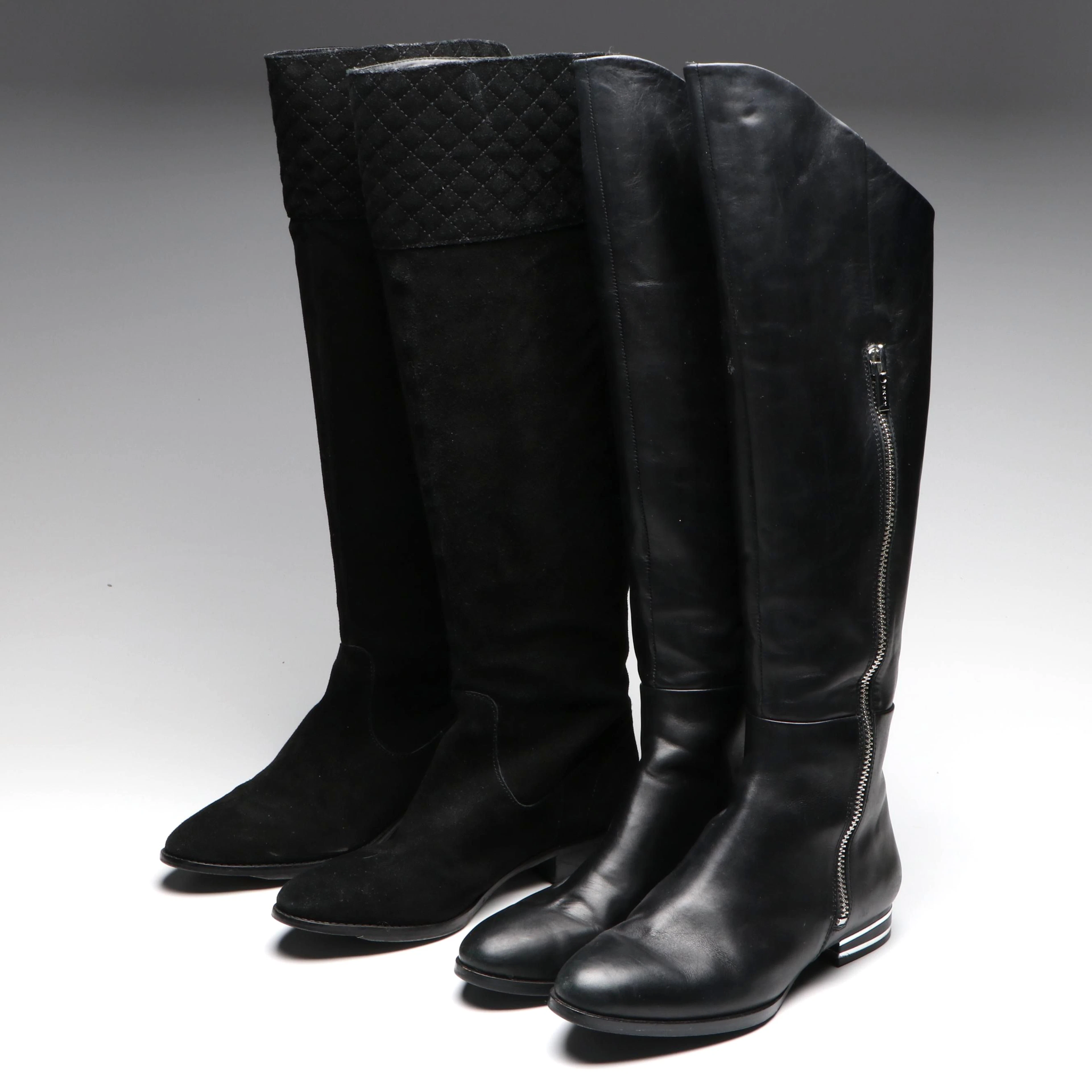 DKNY and Vince Camuto Black Leather and Suede Tall Riding Boots