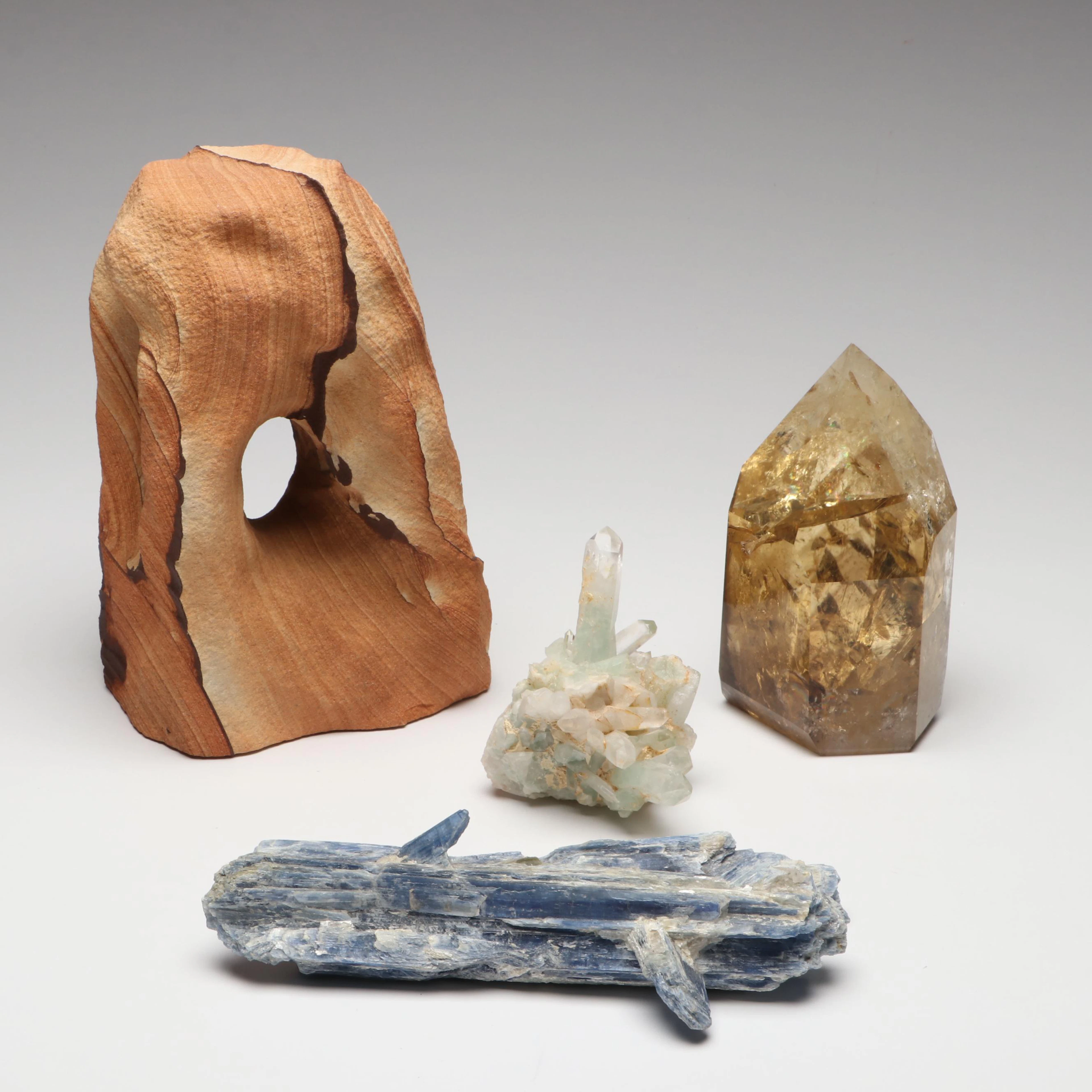 Sandstone Arch Sculpture with Citrine, Lemuria and Rough Kyanite Specimens