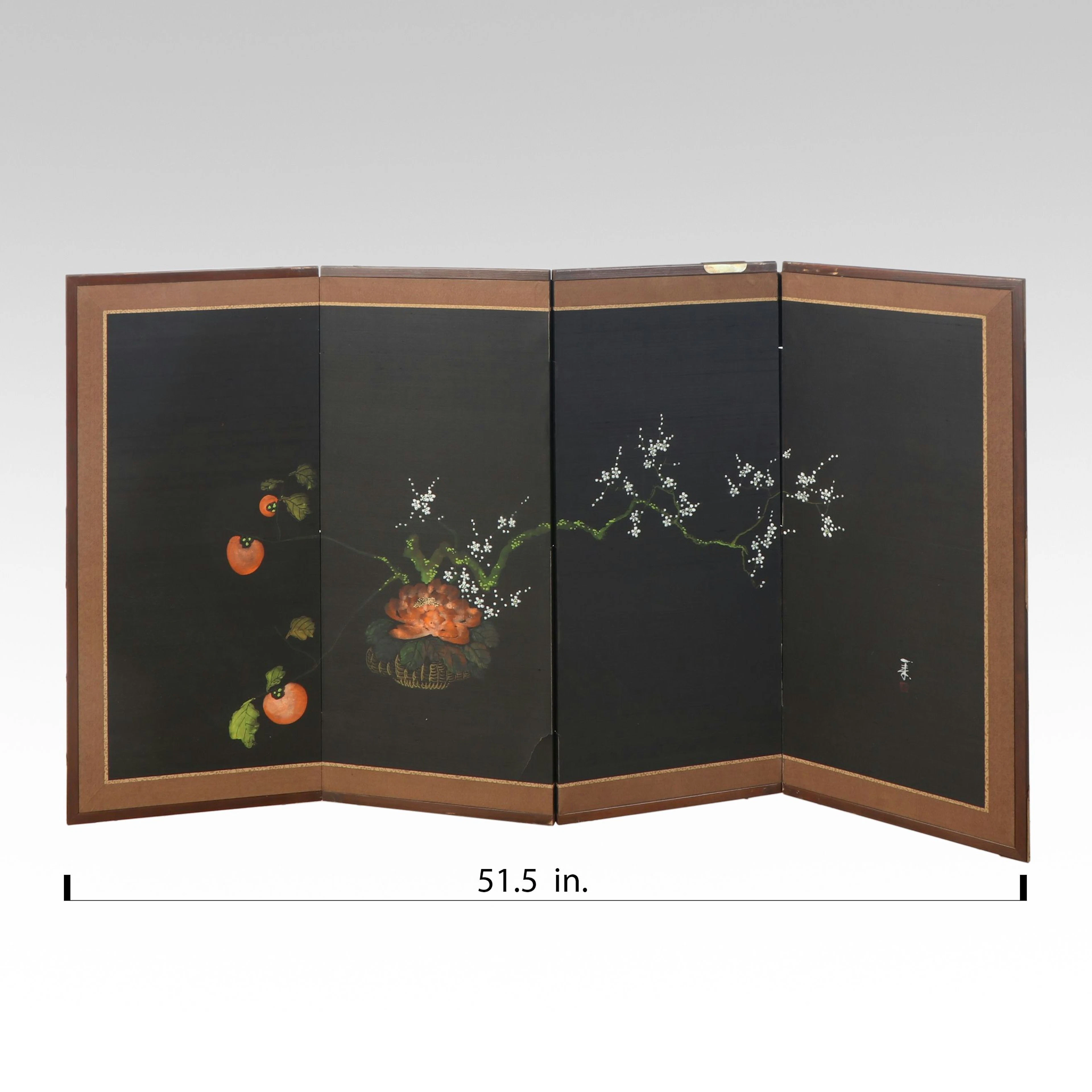 Japanese Hand-Painted Ikebana Arrangement Four-Panel Byobu Folding Screen